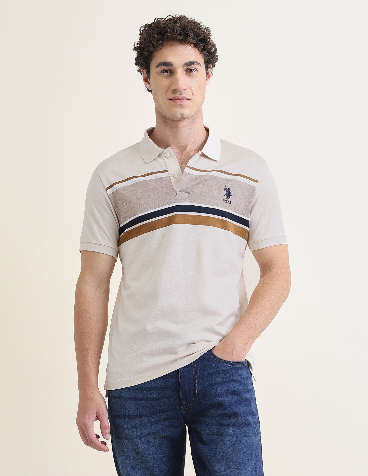 Horizontal Striped Slim Fit Polo Shirt Beige - U.S. Polo Assn. India | Large
