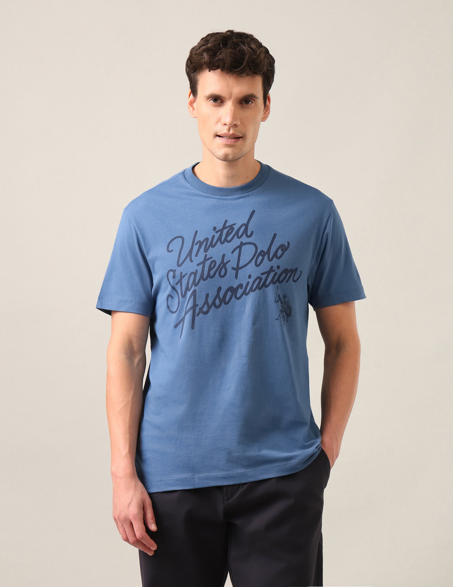 Typographic Brand Printed Regular Fit T-Shirt Dark Blue - U.S. Polo Assn. India | Large