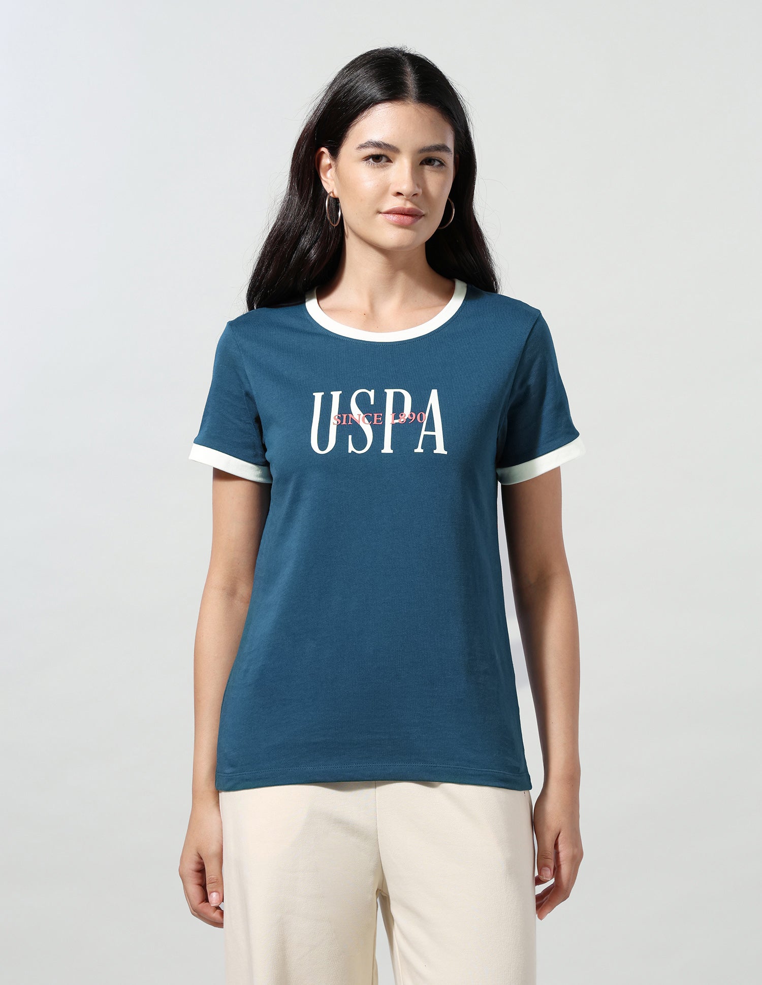 Brand Printed Regular Fit Ringer T-Shirt Teal - U.S. Polo Assn. India | Large