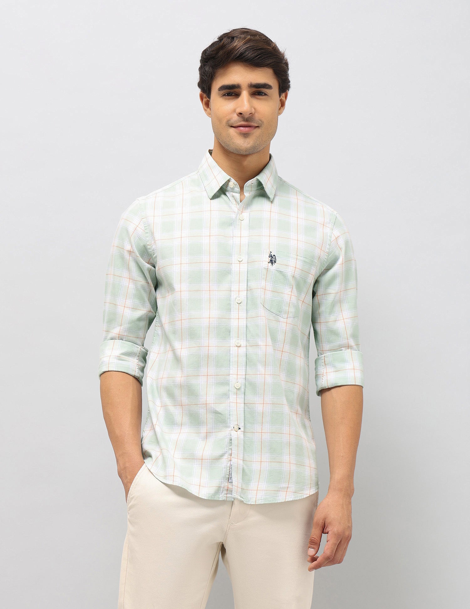 Plaid Checked Pure Cotton Shirt Light Green - U.S. Polo Assn. India | Large