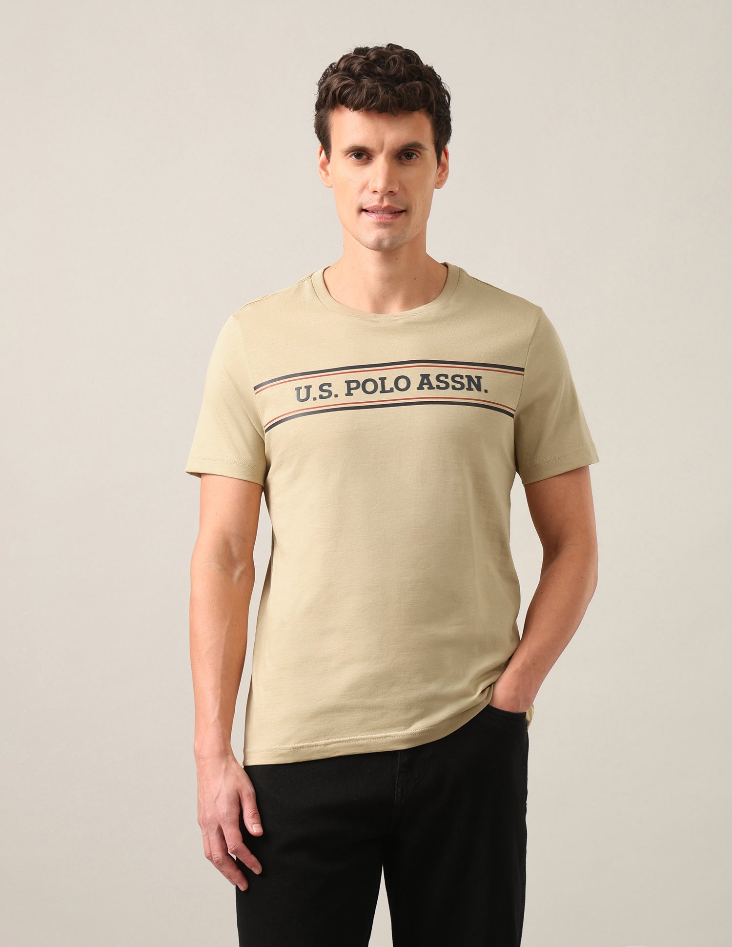 Brand Embossed Regular Fit T-Shirt Beige - U.S. Polo Assn. India | Large