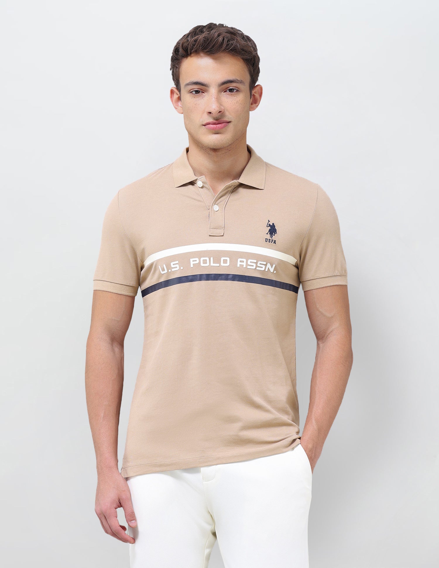 Brand Printed Muscle Fit Polo Shirt Beige - U.S. Polo Assn. India | Large