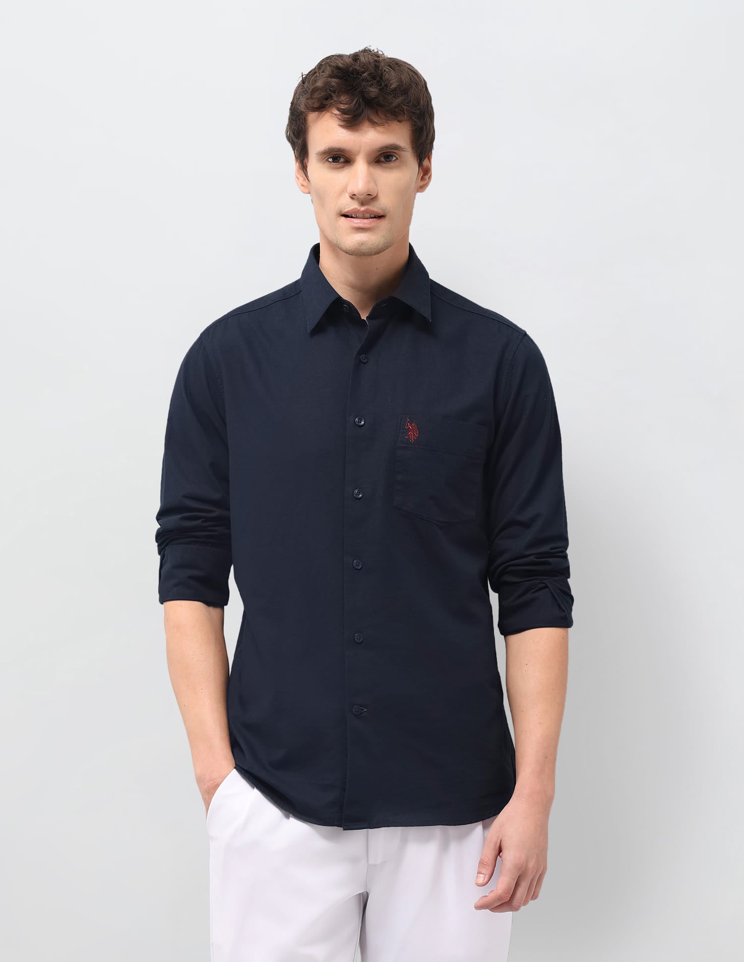 Solid Linen Tailored Fit Shirt Blue - U.S. Polo Assn. India | Large