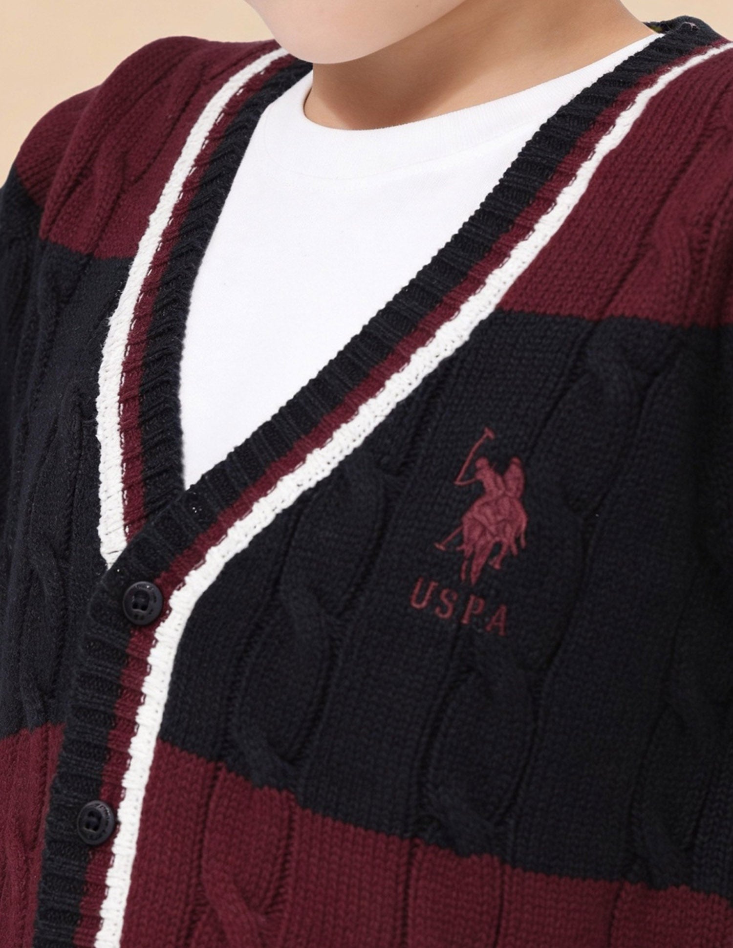 Boys Cable Knit Colorblocked Regular Fit Sweater Maroon - U.S. Polo Assn. India | Large