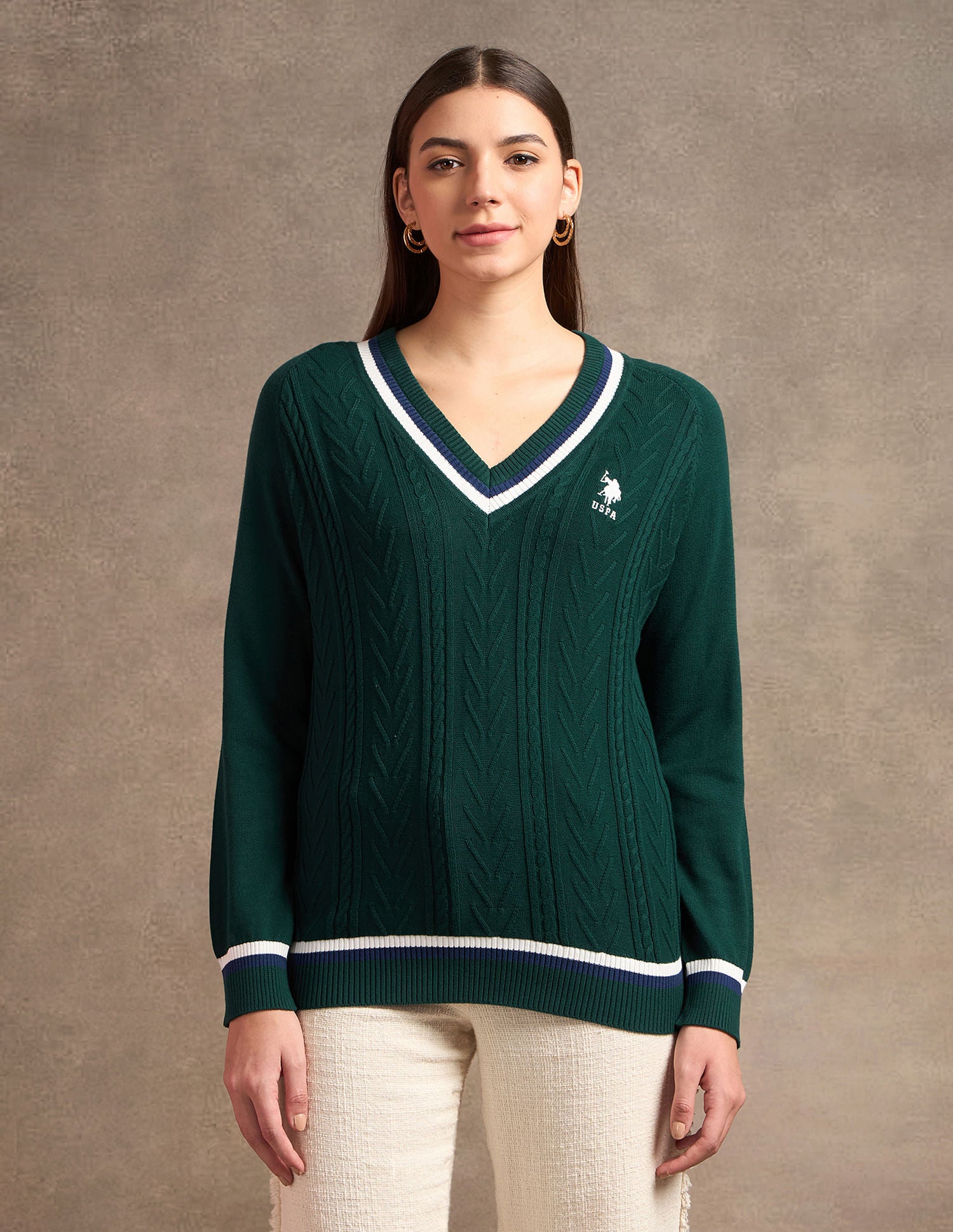 Raglan Sleeves Cable Knit Sweater Green - U.S. Polo Assn. India | Large