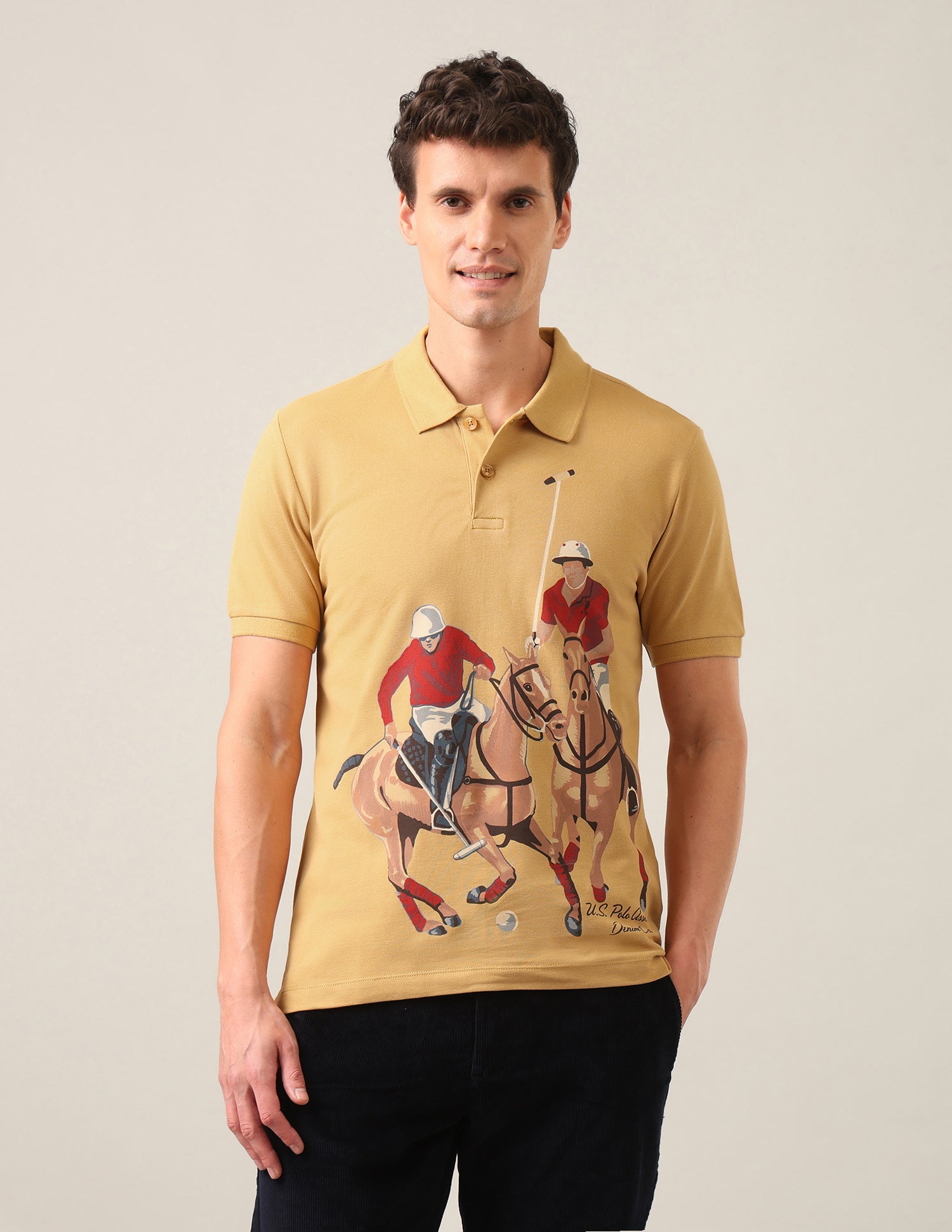 Graphic Brand Printed Slim Fit Polo Shirt Mustard - U.S. Polo Assn. India | Large
