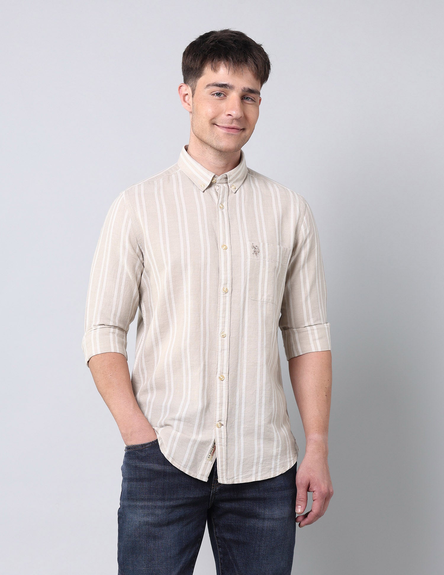 Vertical Striped Regular Fit Shirt Khaki - U.S. Polo Assn. India | Large