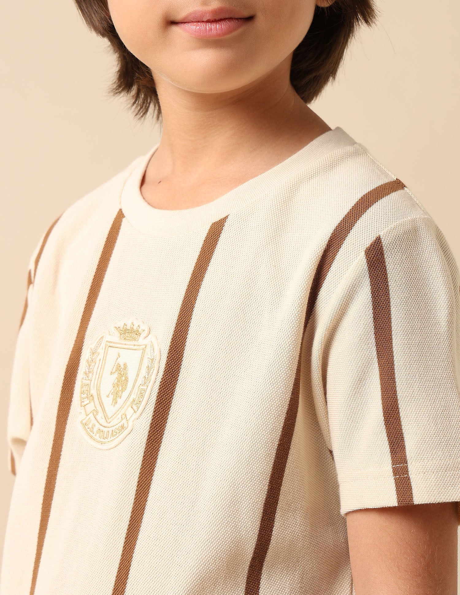 Boys Vertical Striped Pure Cotton T Shirt Ecru - U.S. POLO ASSN. | Large