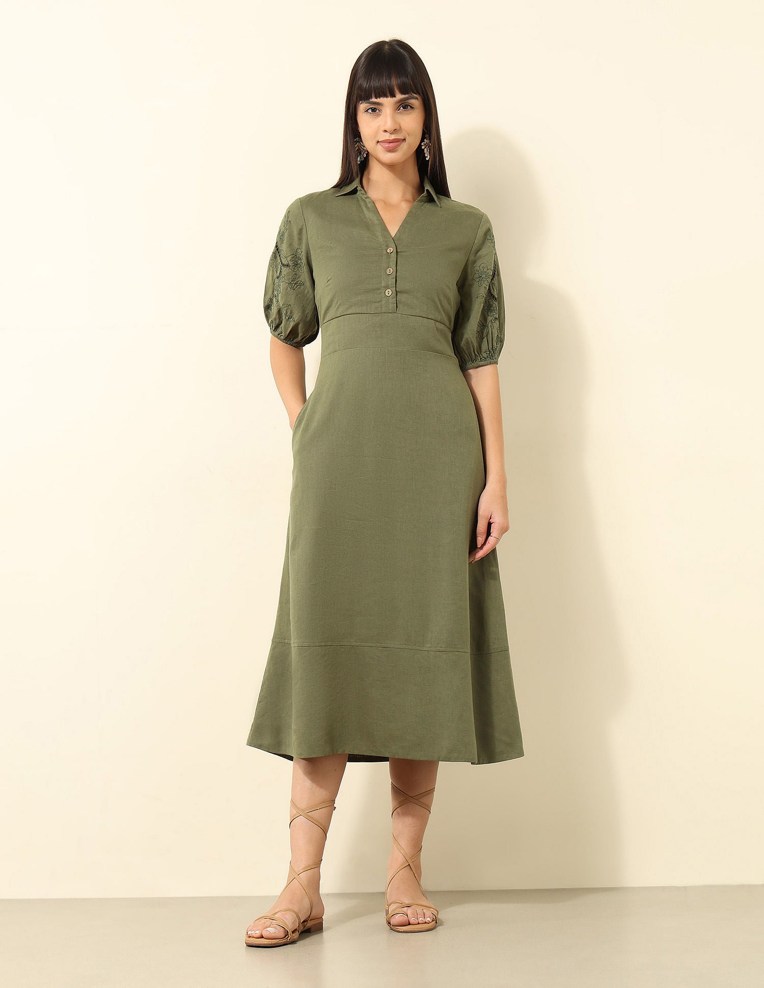 Viscose Linen A-Line Midi Dress Olive - U.S. Polo Assn. India | Large