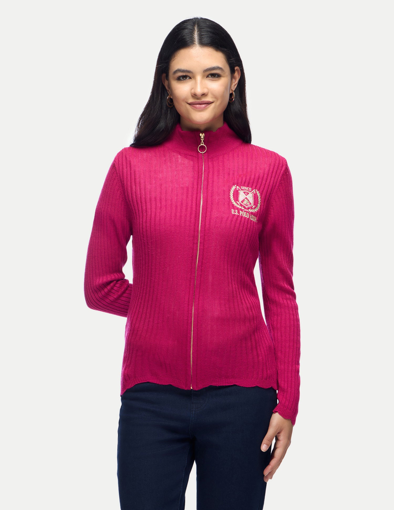 Patterned Knit Slim Fit Zipper Sweater Pink - U.S. Polo Assn. India | Large