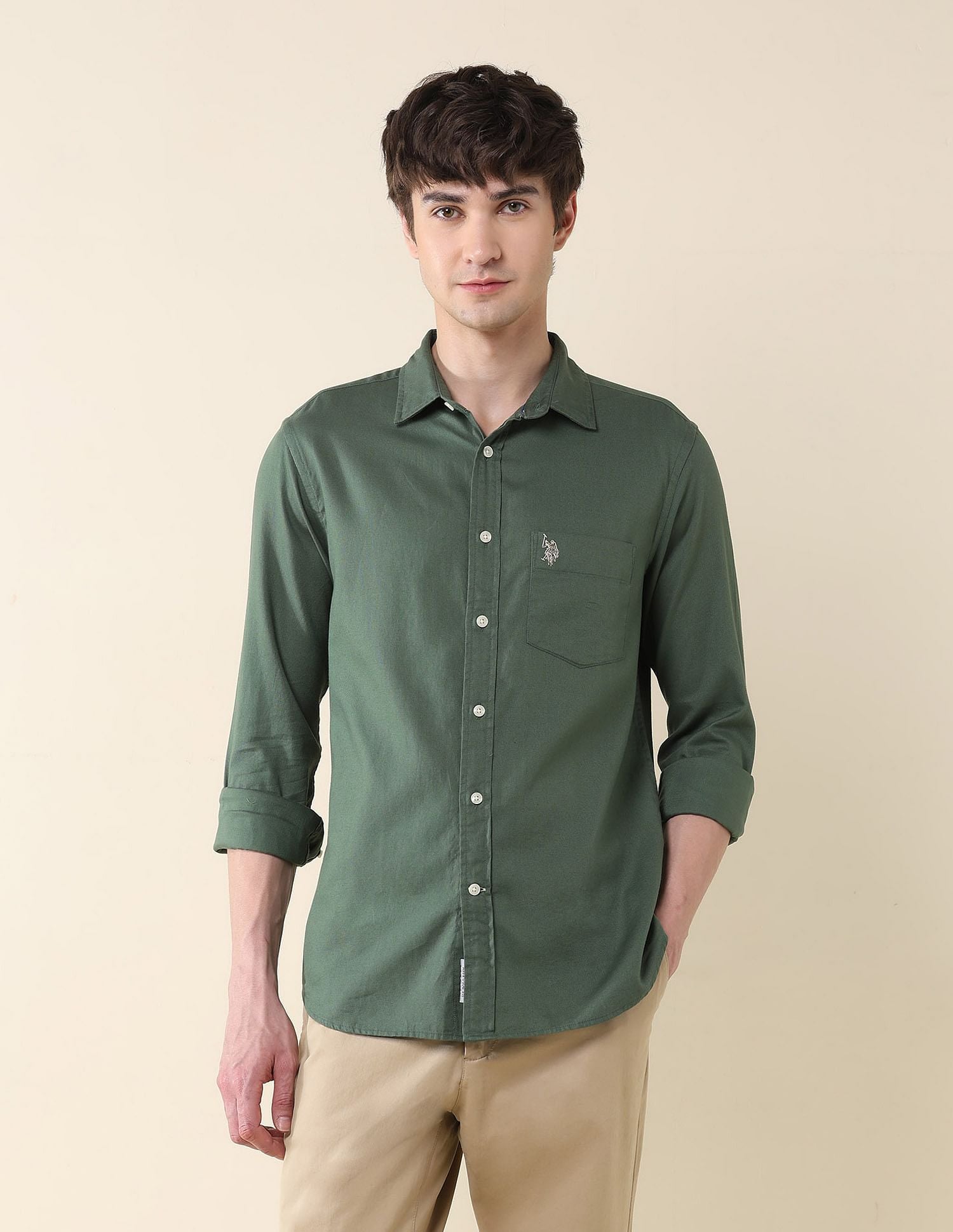 Solid Birds Eye Dobby Shirt Light Green - U.S. Polo Assn. India | Large