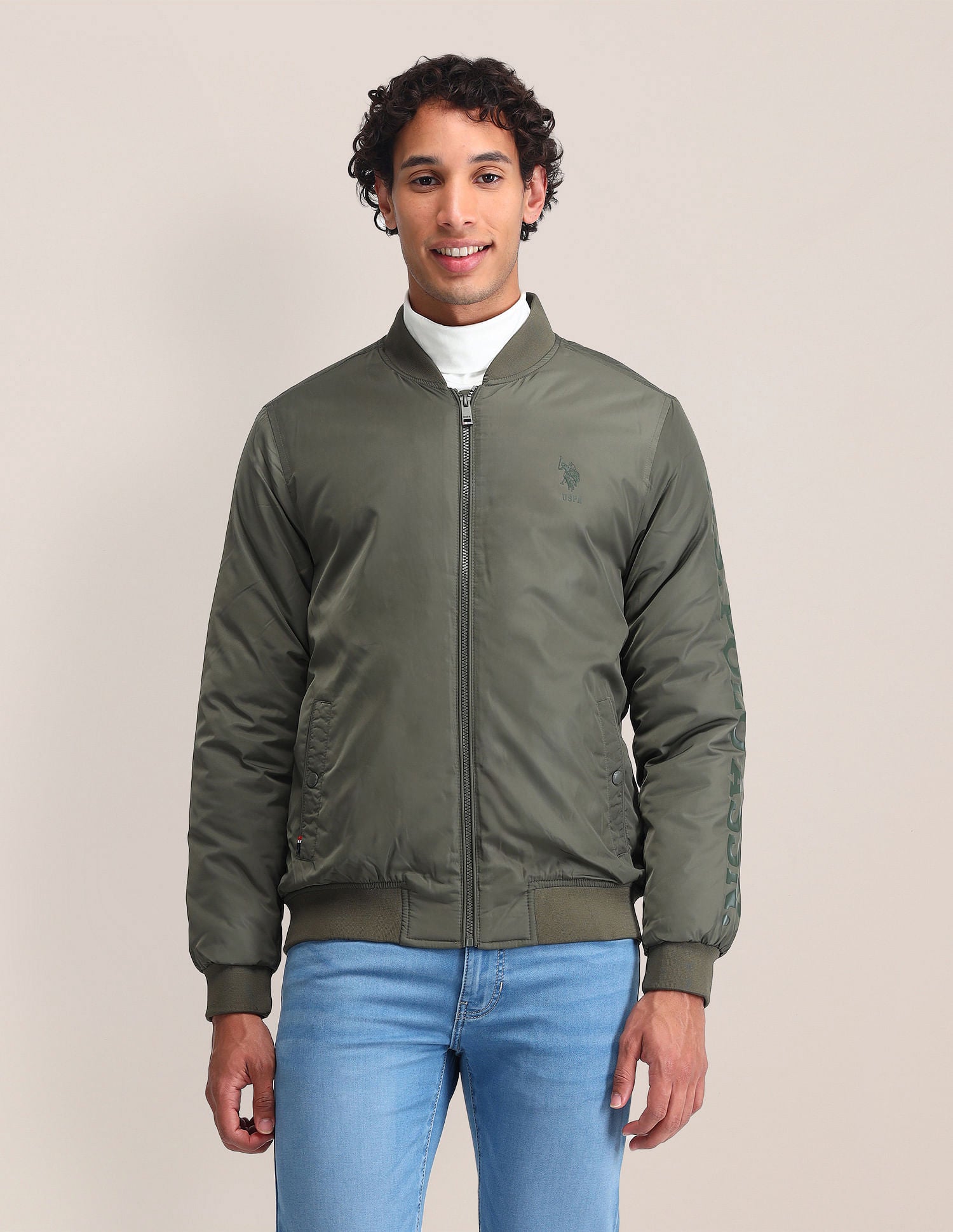Regular Fit Solid Bomber Jacket Olive Green - U.S. Polo Assn. India | Large