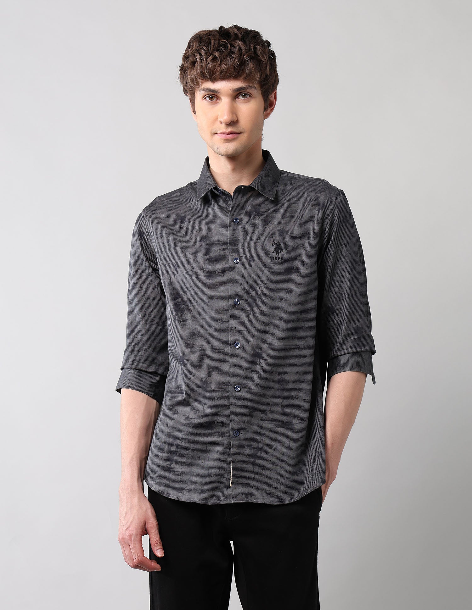 All-Over Printed Pure Cotton Shirt Dark Grey - U.S. Polo Assn. India | Large