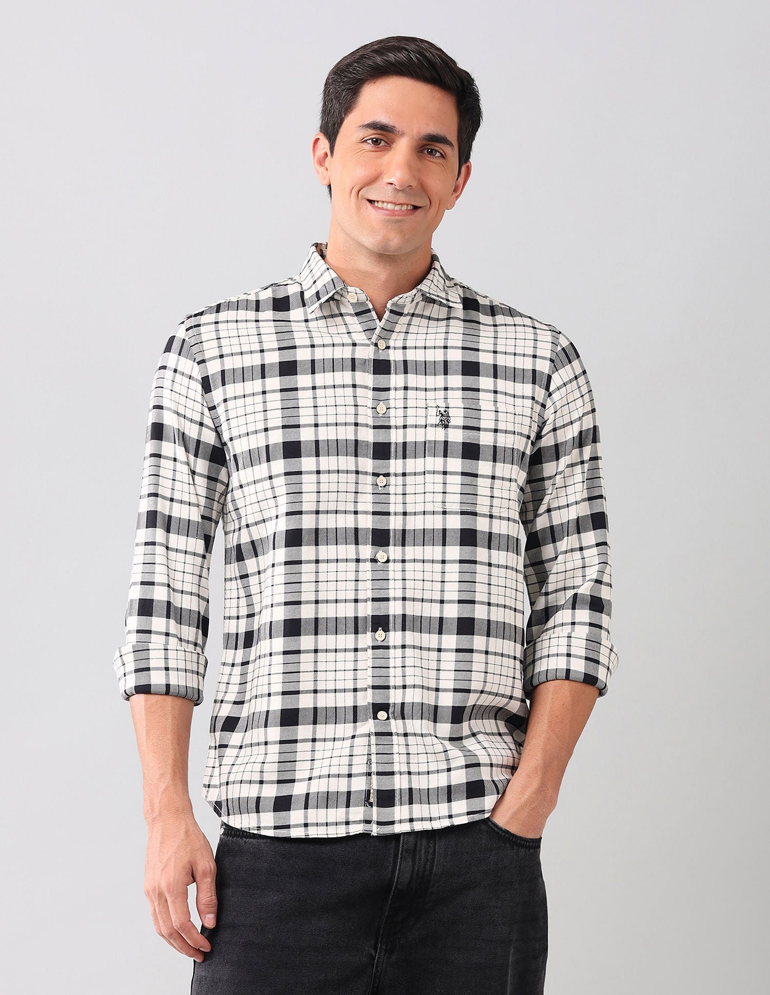 Tartan Checked Pure Cotton Shirt Ivory - U.S. POLO ASSN. | Large