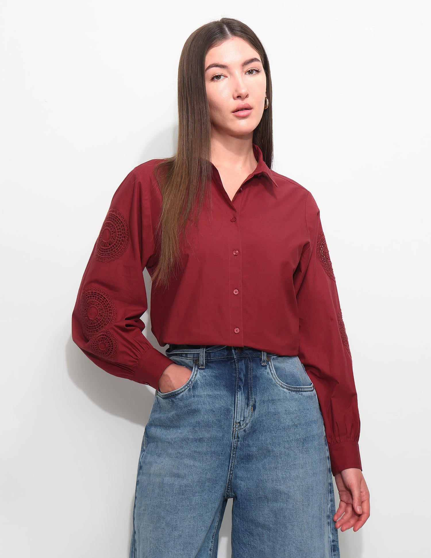 Relaxed Fit Solid Shirt With Embroidery Red - U.S. Polo Assn. India | Large