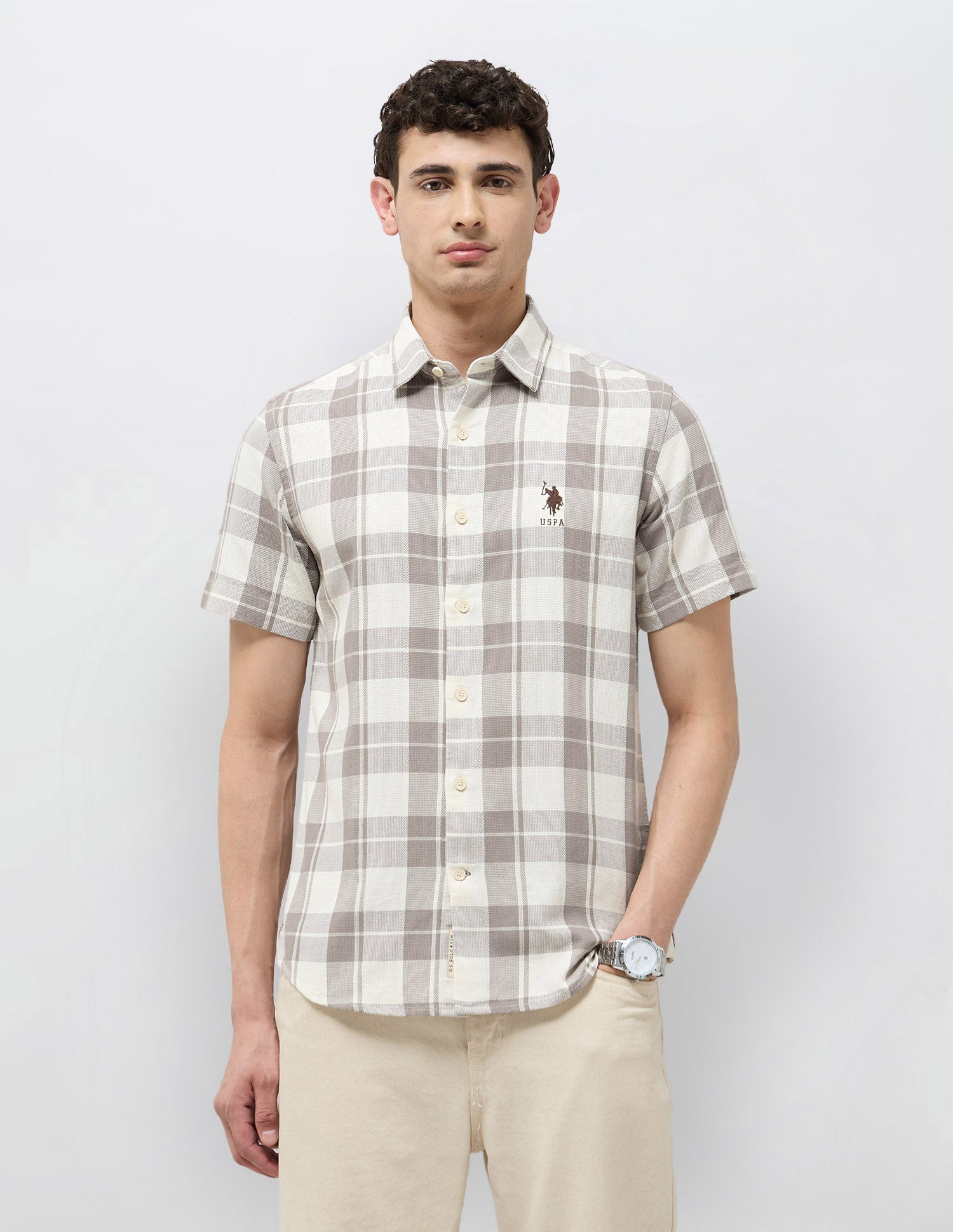 Regular Fit Textured With Tartan Checked Shirt Brown - U.S. POLO ASSN. | Large