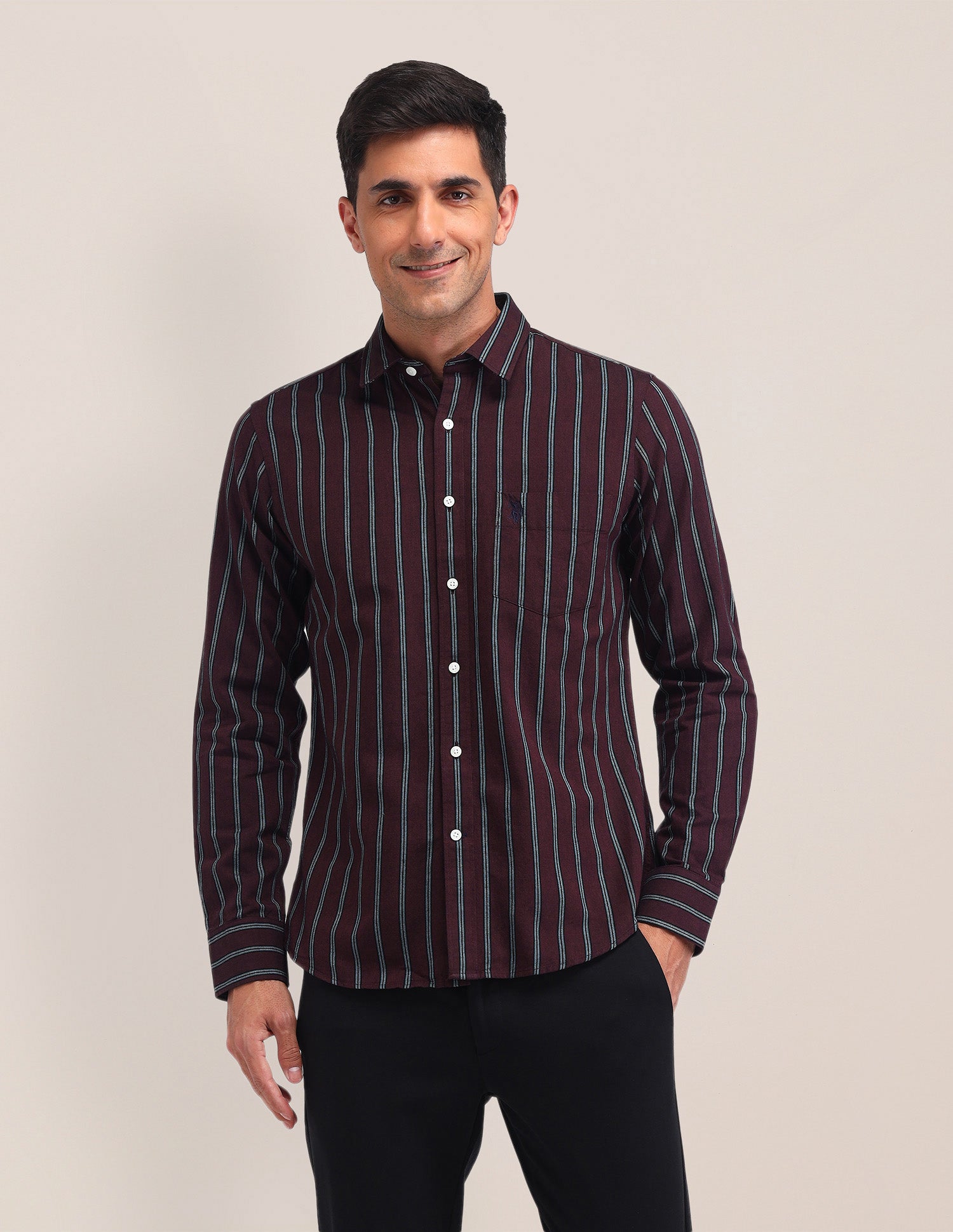 Vertical Striped Tailored Fit Shirt Wine - U.S. Polo Assn. India | Large