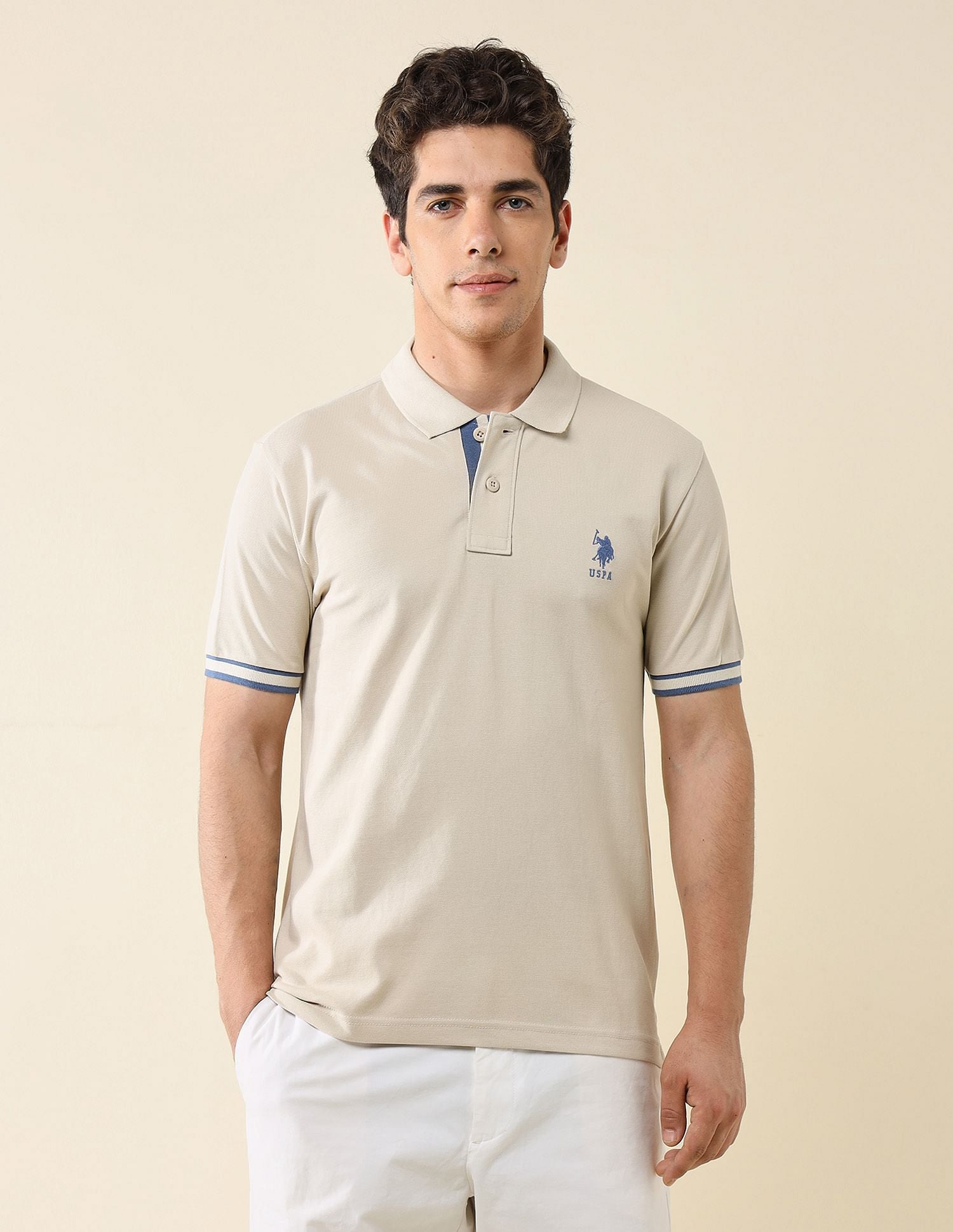Striped Placket Slim Fit Polo Shirt Beige - U.S. Polo Assn. India | Large