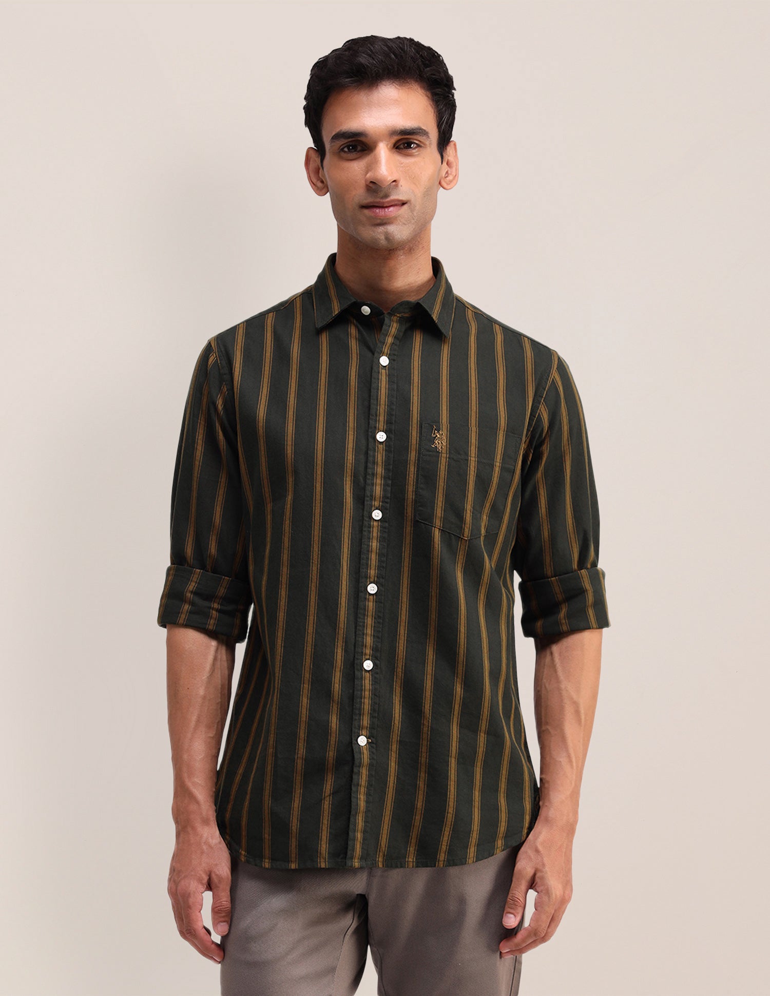 Vertical Striped Twill Shirt Ochre - U.S. Polo Assn. India | Large