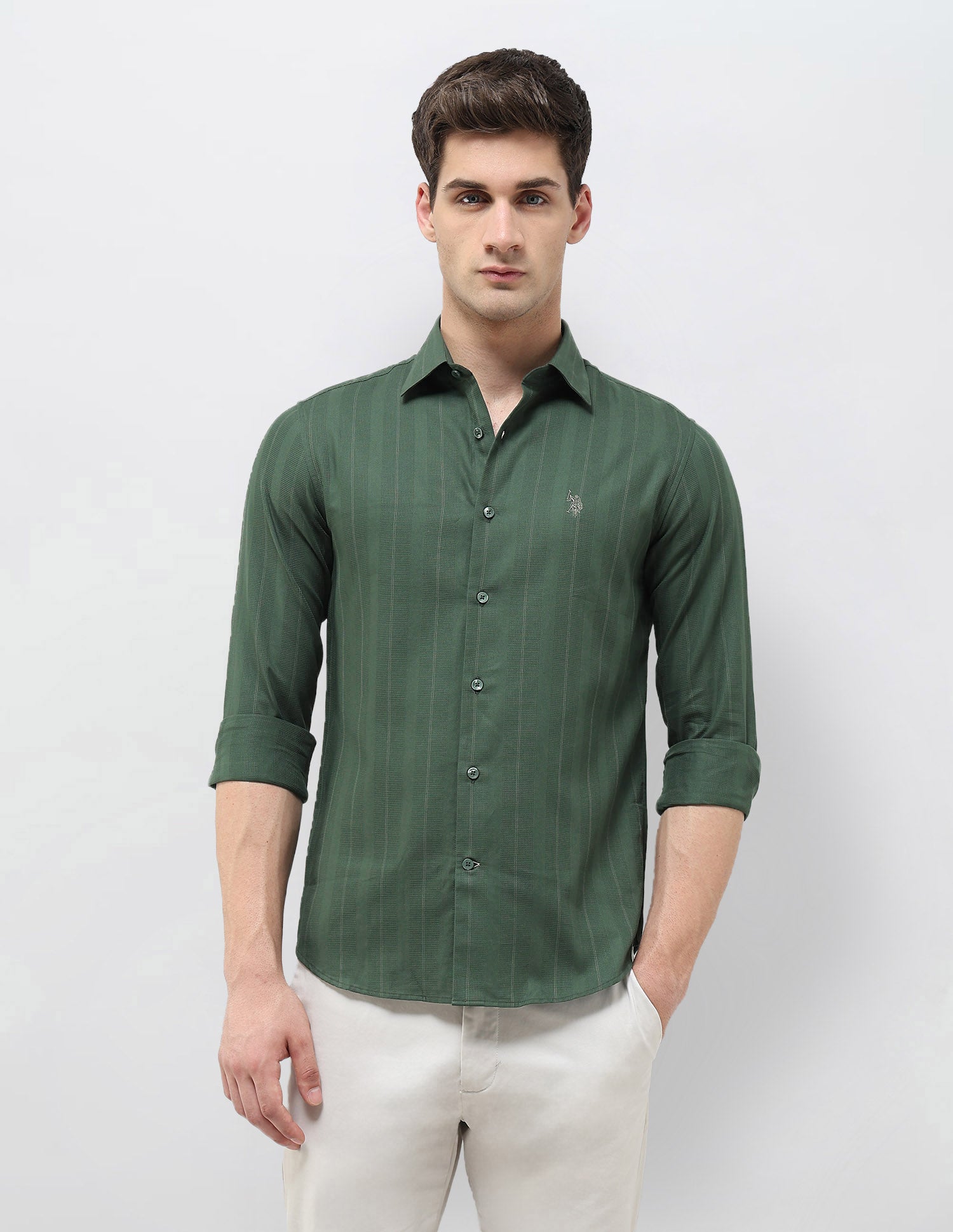 Regular Fit Textured With Vertical Striped Shirt Green - U.S. POLO ASSN. | Large