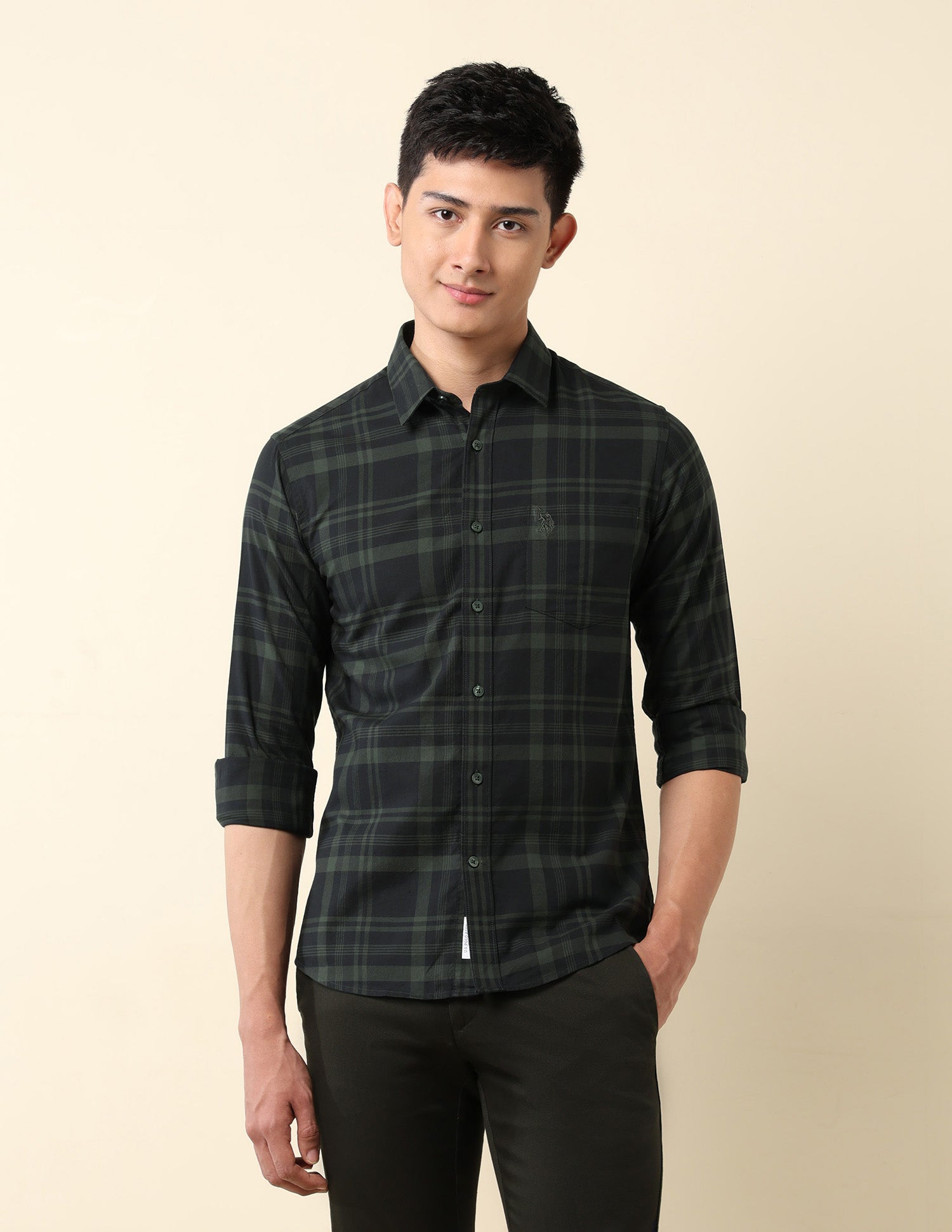 Pure Cotton Tailored Fit Shirt Dark Green - U.S. Polo Assn. India | Large