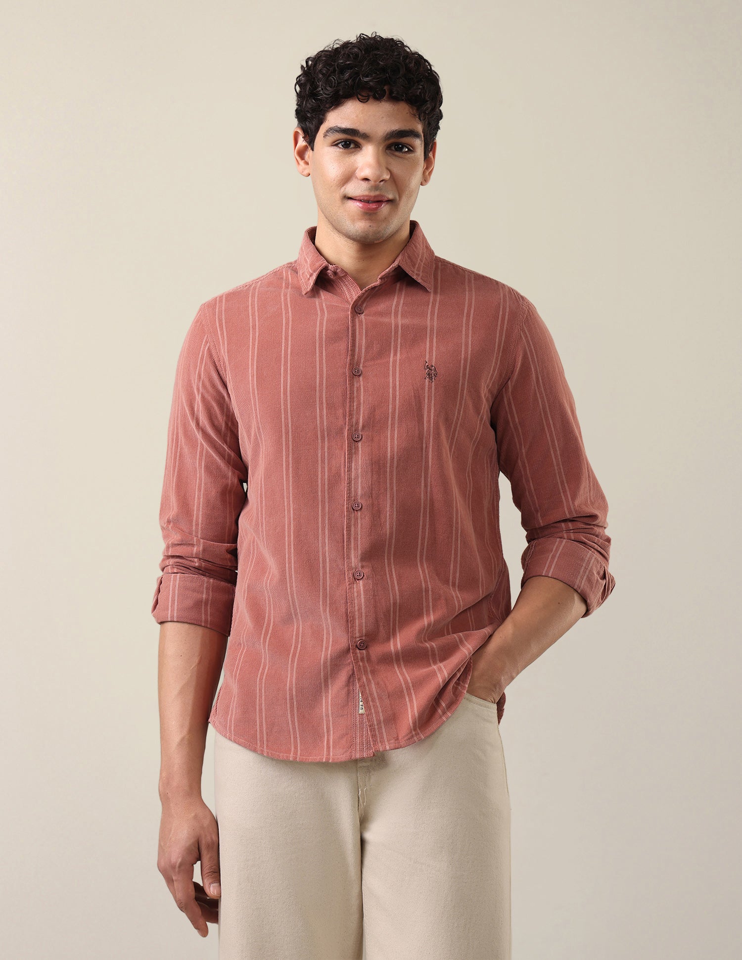 Corduroy Self Design Vertical Striped Shirt Pink - U.S. Polo Assn. India | Large