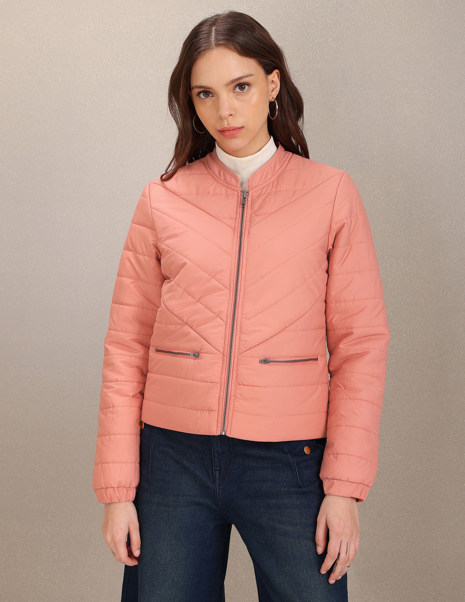 Stand Collar Solid Padded Crop Jacket Light Pink - U.S. POLO ASSN. | Large
