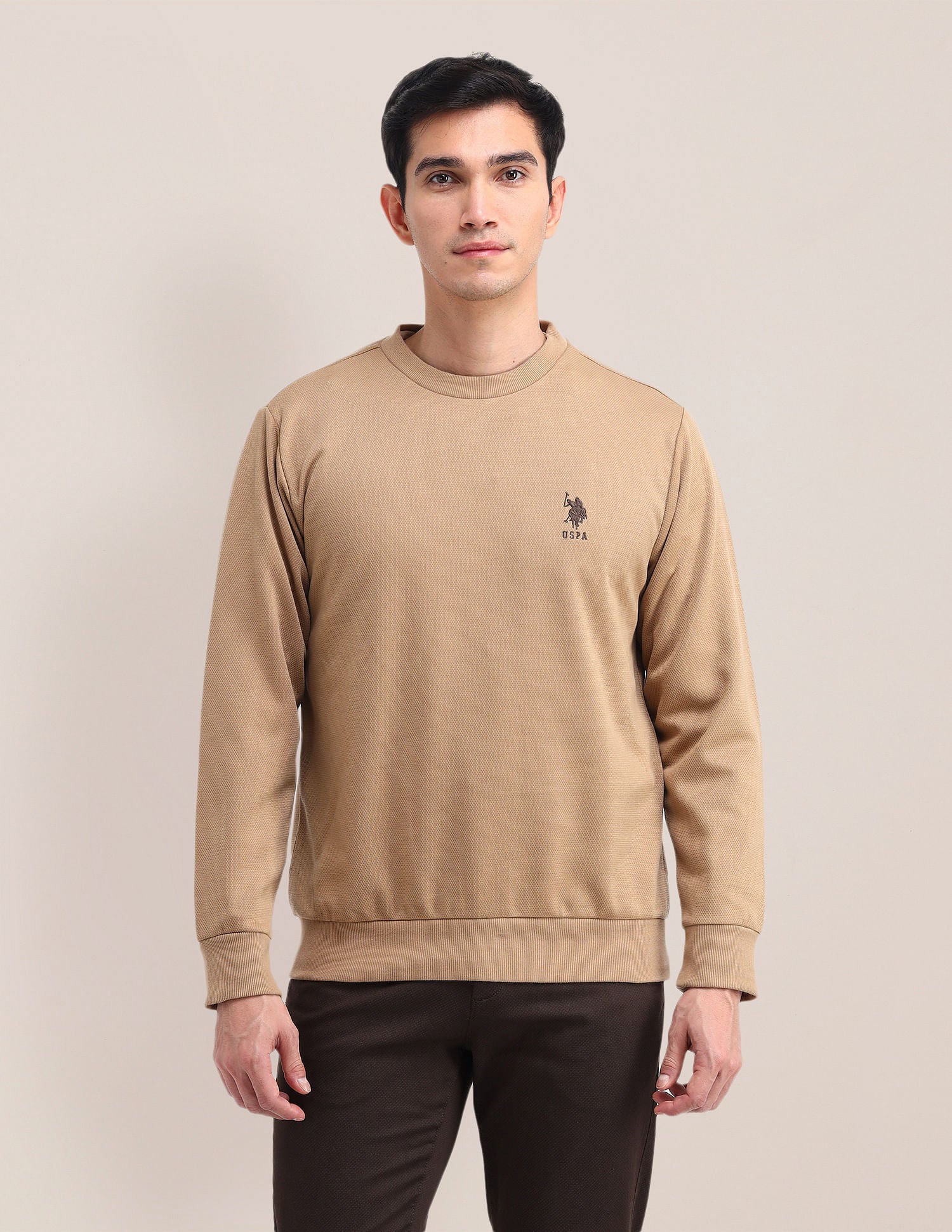 Patterned Knit Regular Fit Sweatshirt Light Brown - U.S. POLO ASSN. | Large
