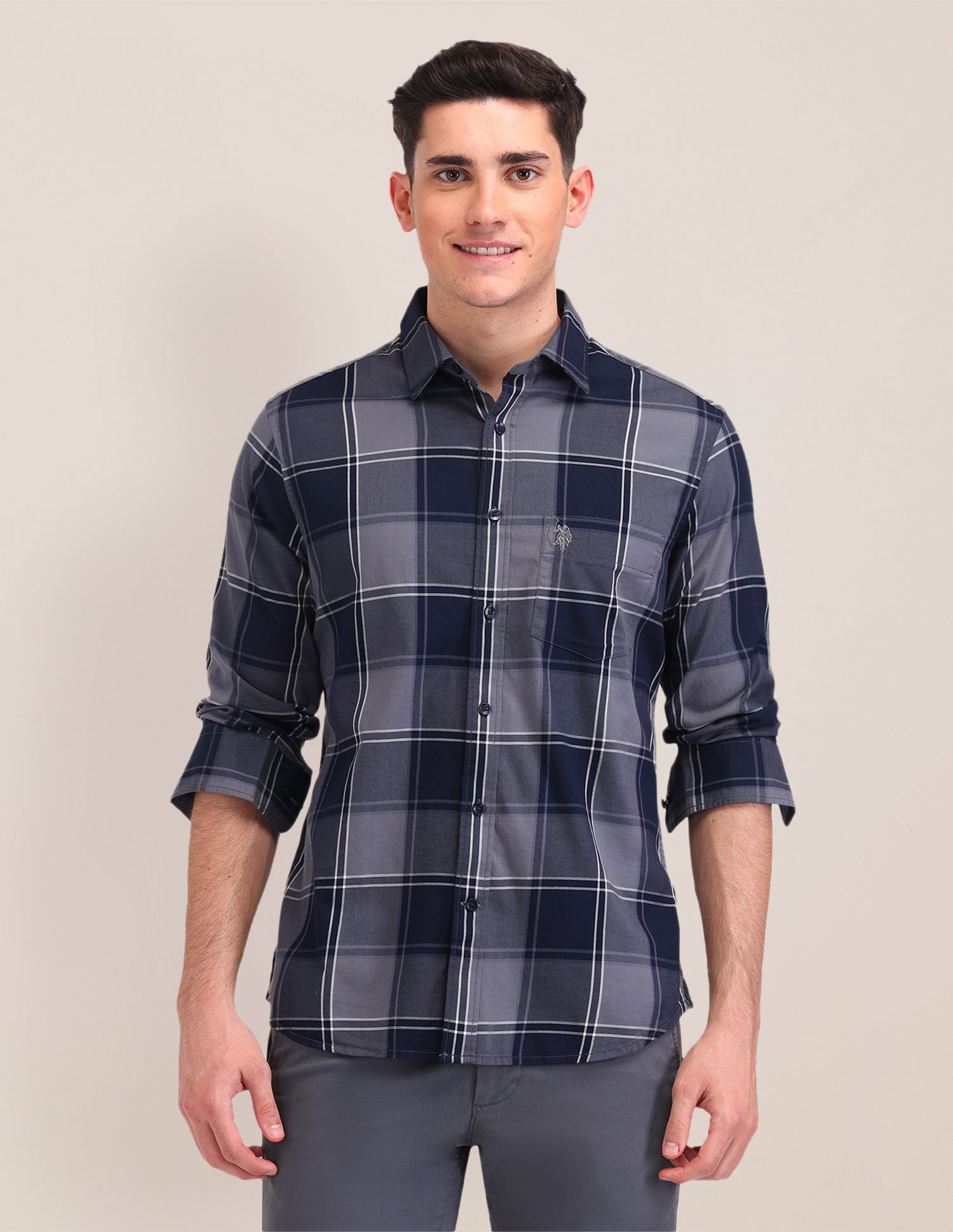 Grid Tattersall Checked Cotton Shirt Navy - U.S. Polo Assn. India | Large