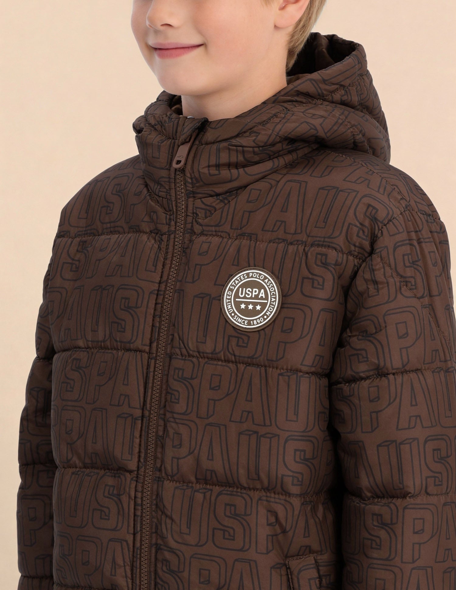 Boys Brand Printed Puffer Jacket Brown - U.S. Polo Assn. India | Large