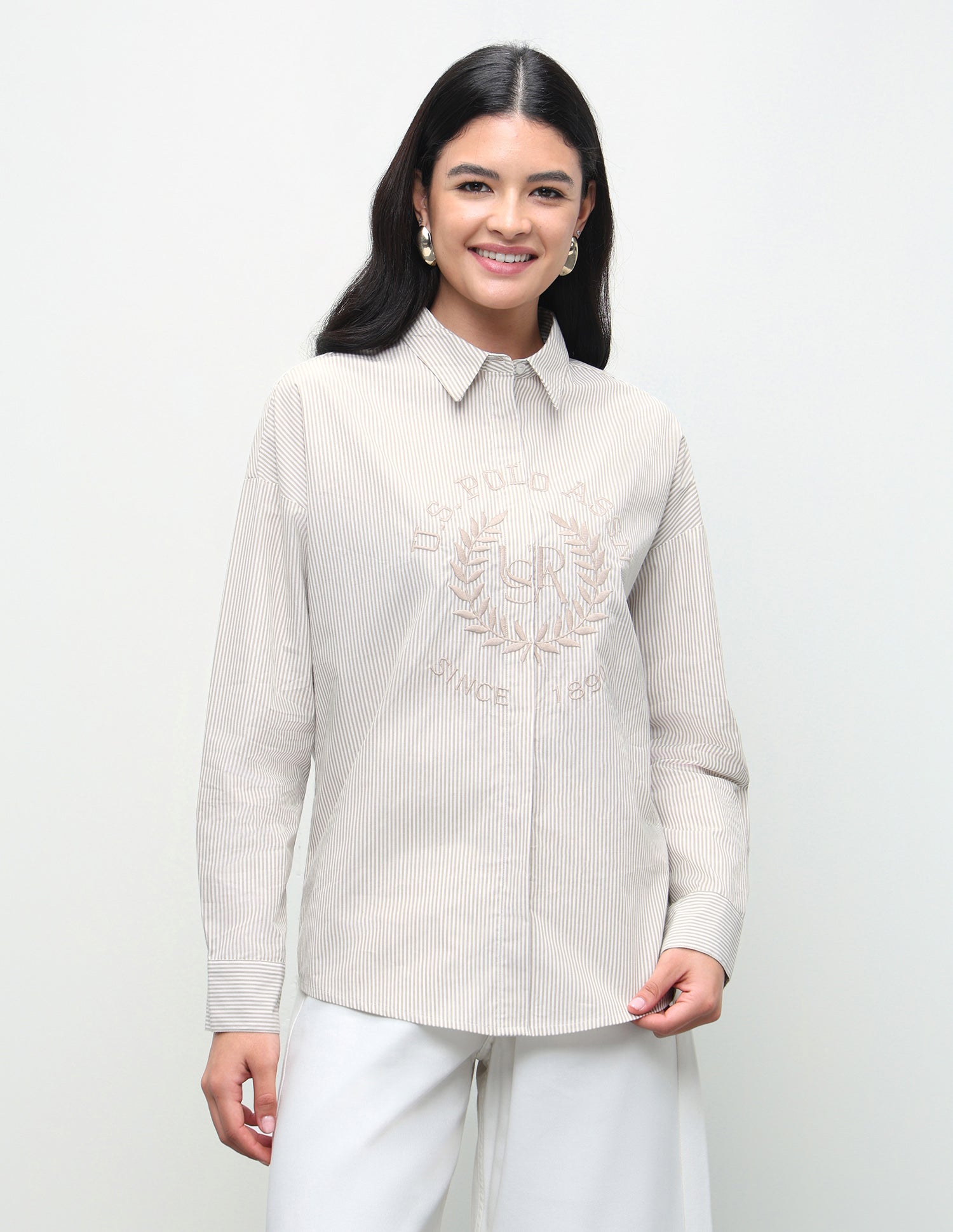 Vertical Striped Embroidered Oversized Fit Shirt Beige - U.S. Polo Assn. India | Large