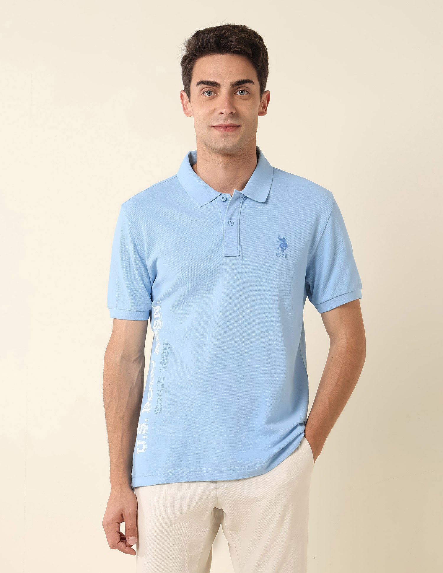 Brand Printed Pure Cotton Polo Shirt Light Blue - U.S. Polo Assn. India | Large