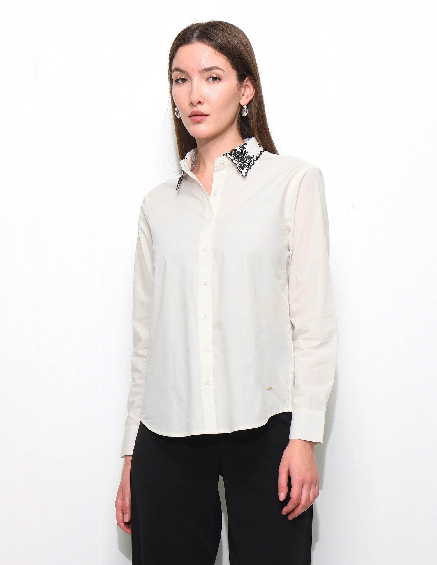 Regular Fit Embroidered Collar Shirt Off White - U.S. Polo Assn. India | Large