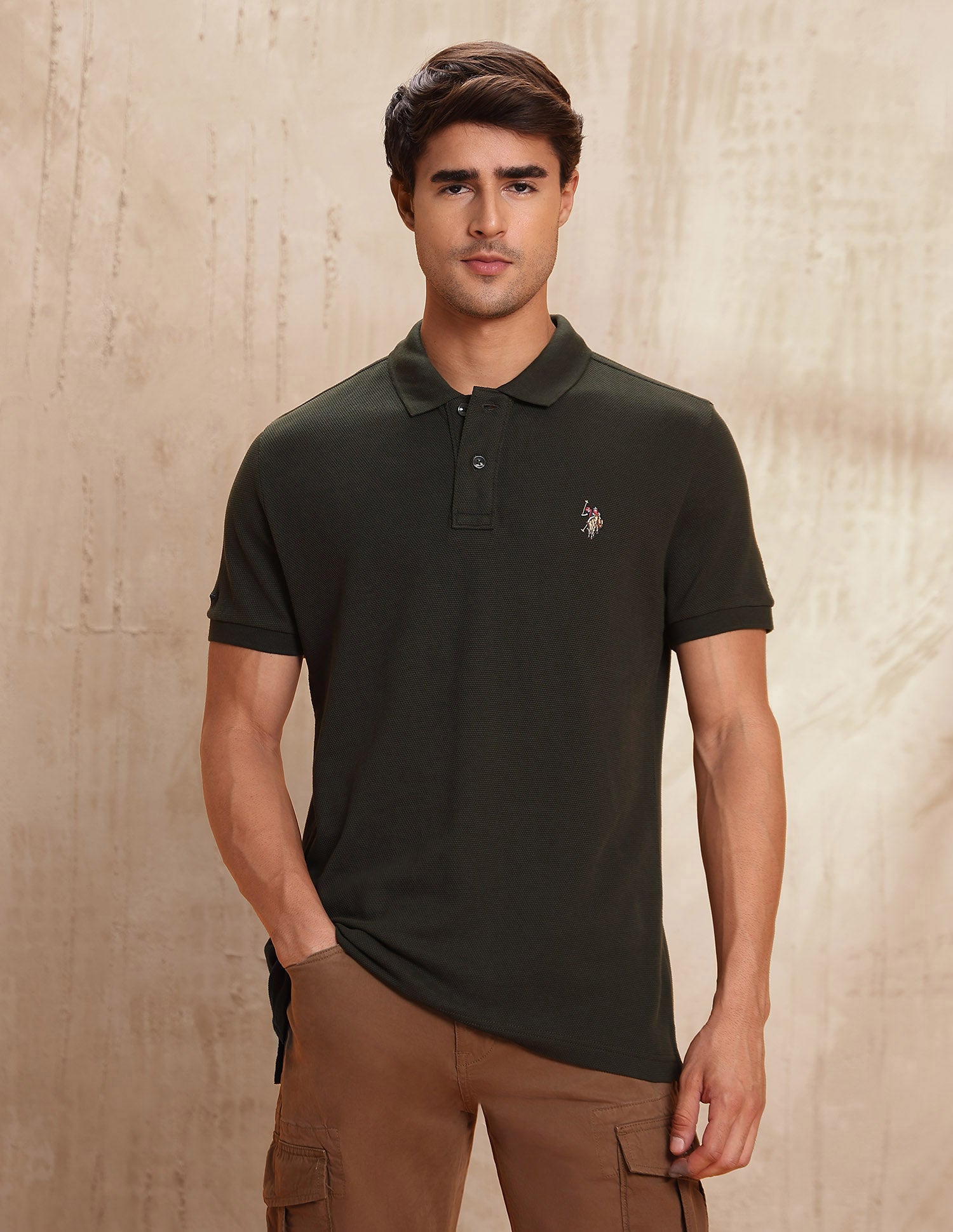 Textured Pure Cotton Polo Shirt Olive - U.S. POLO ASSN. | Large