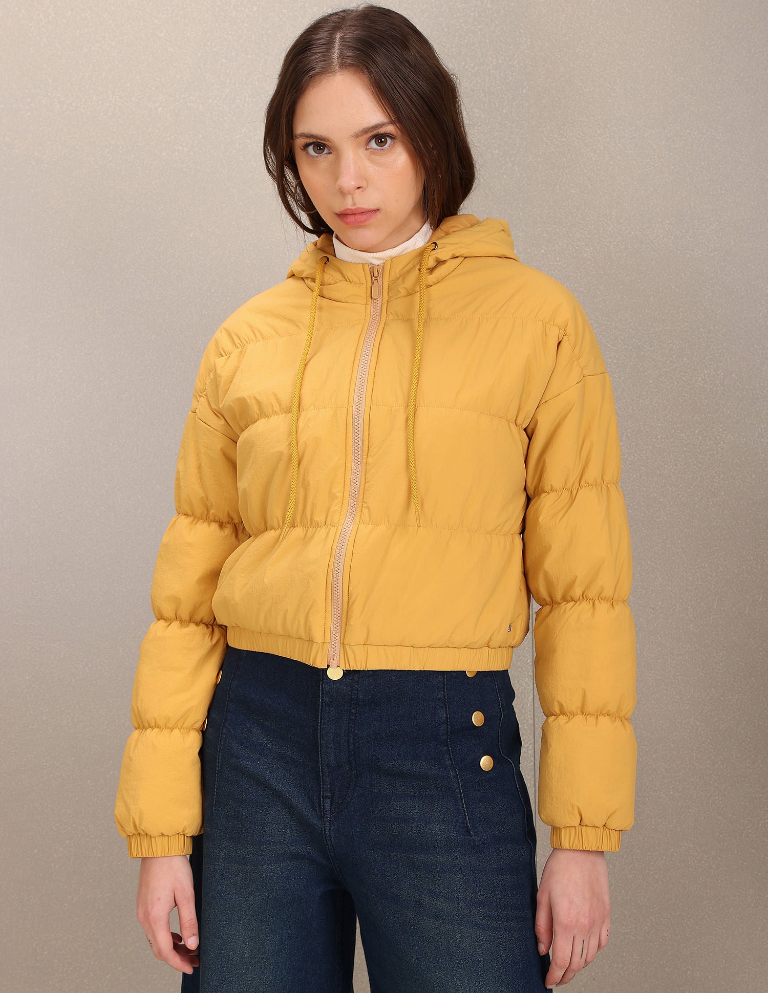 Hooded Solid Crop Padded Jacket Mustard - U.S. POLO ASSN. | Large