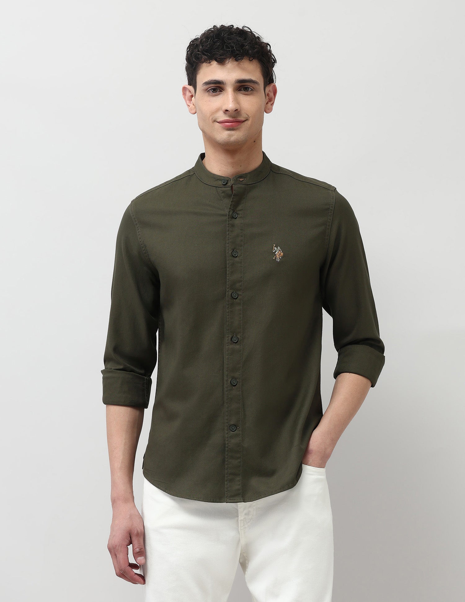 Twill Pure Cotton Mandarin Shirt Dark Olive - U.S. POLO ASSN. | Large