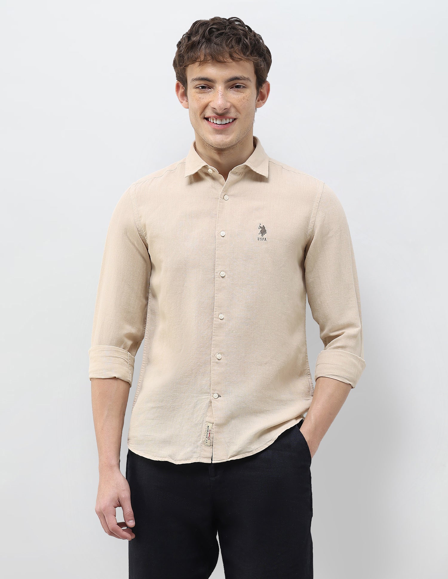 Solid Regular Fit Shirt Khaki - U.S. Polo Assn. India | Large