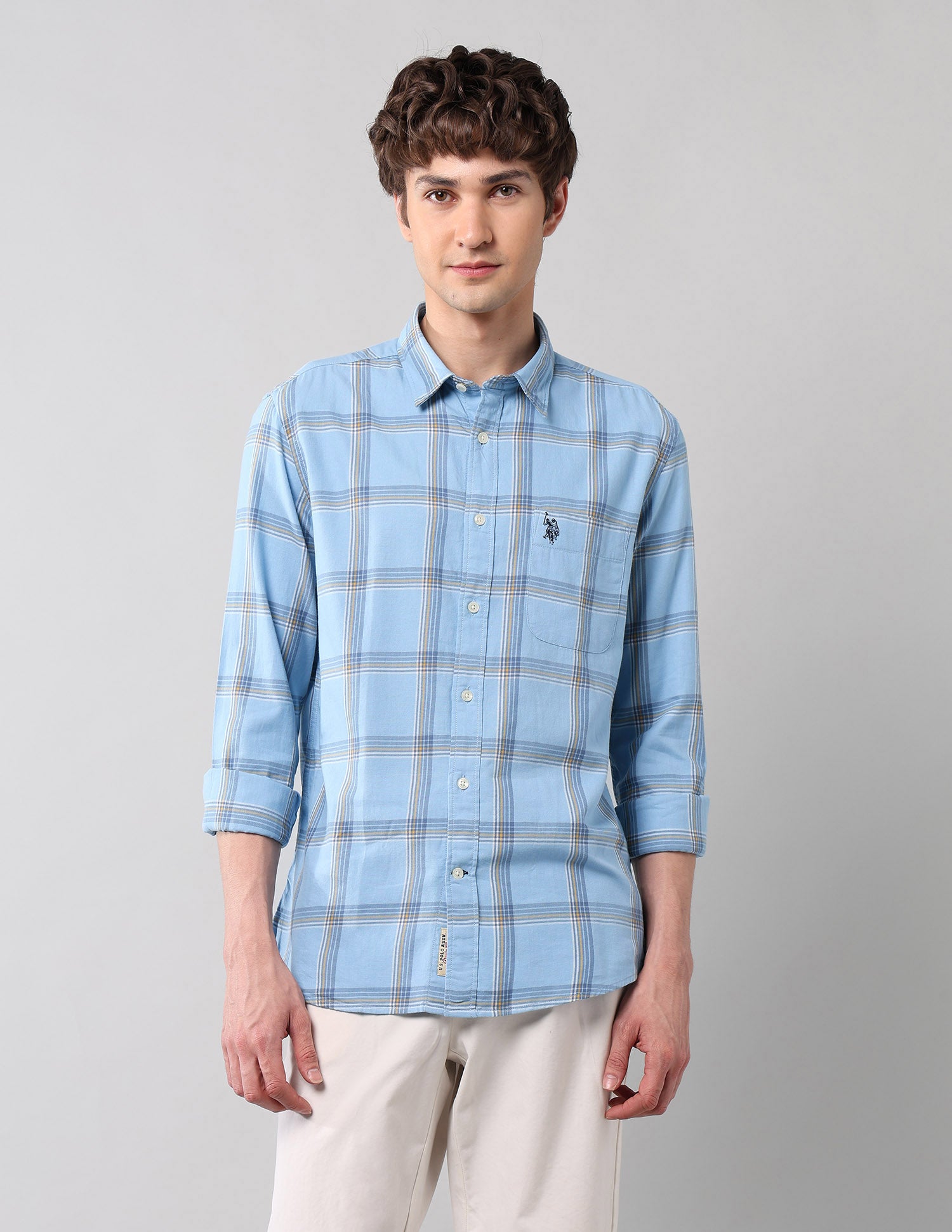 Grid Tattersall Checked Pure Cotton Shirt Light Blue - U.S. POLO ASSN. | Large