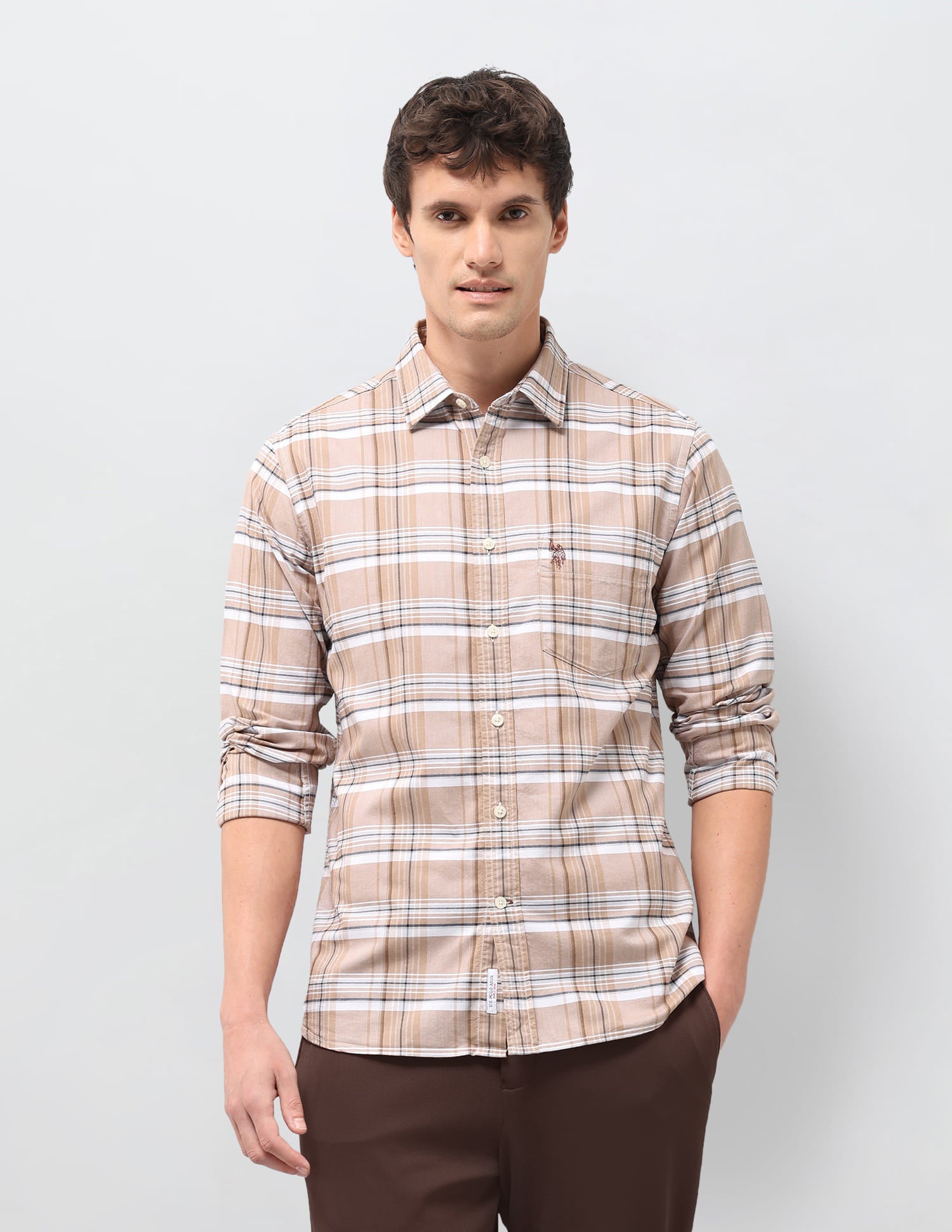 Plaid Checked Tailored Fit Shirt Beige - U.S. Polo Assn. India | Large