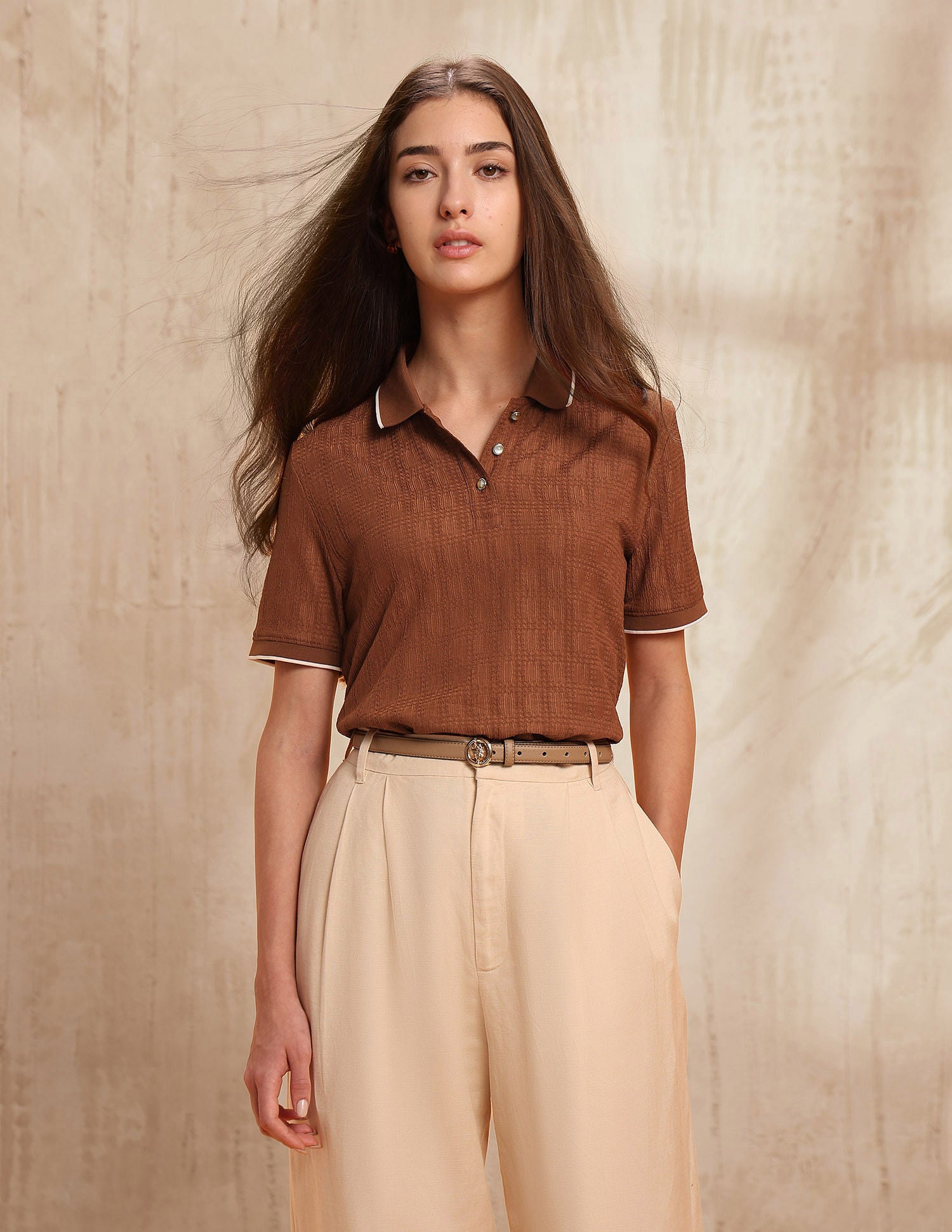 Boxy Fit Textured Polo Shirt Brown - U.S. POLO ASSN. | Large