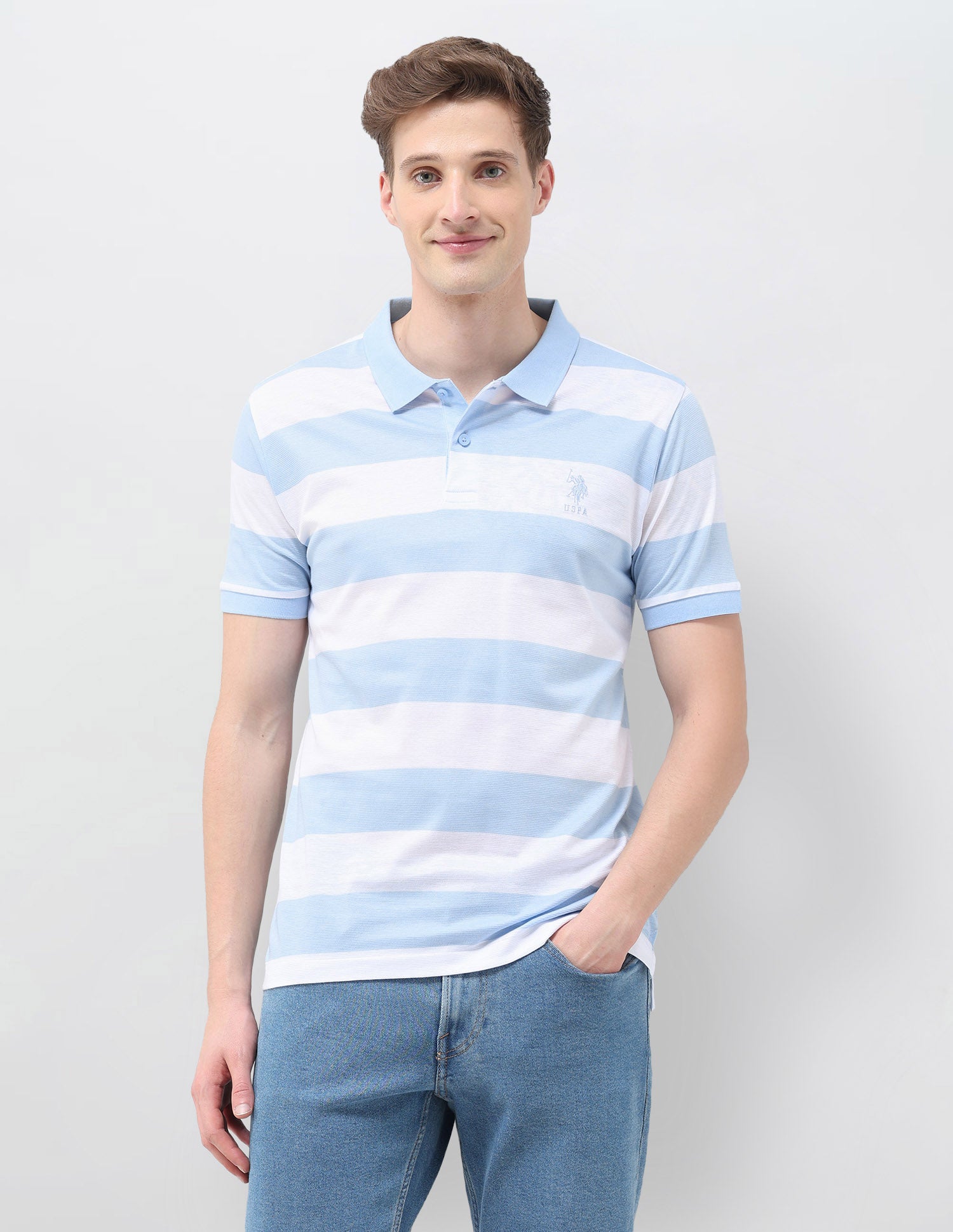 Horizontal Striped Slim Fit Polo Shirt Light Blue - U.S. Polo Assn. India | Large