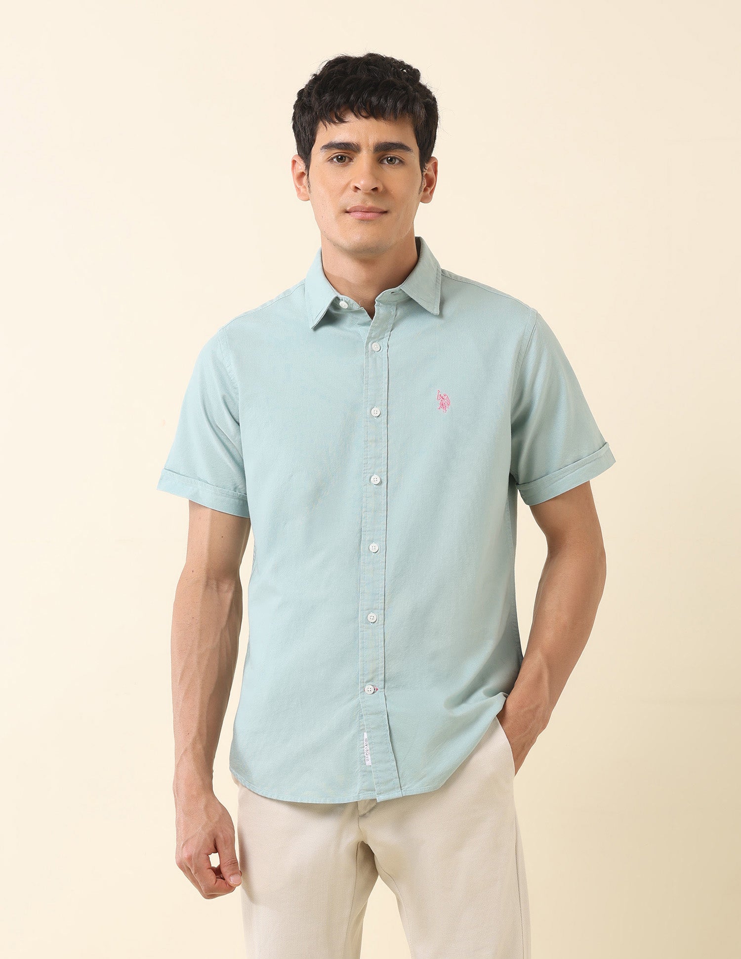 Tailored Fit Solid Pure Cotton Shirt Mint - U.S. Polo Assn. India | Large