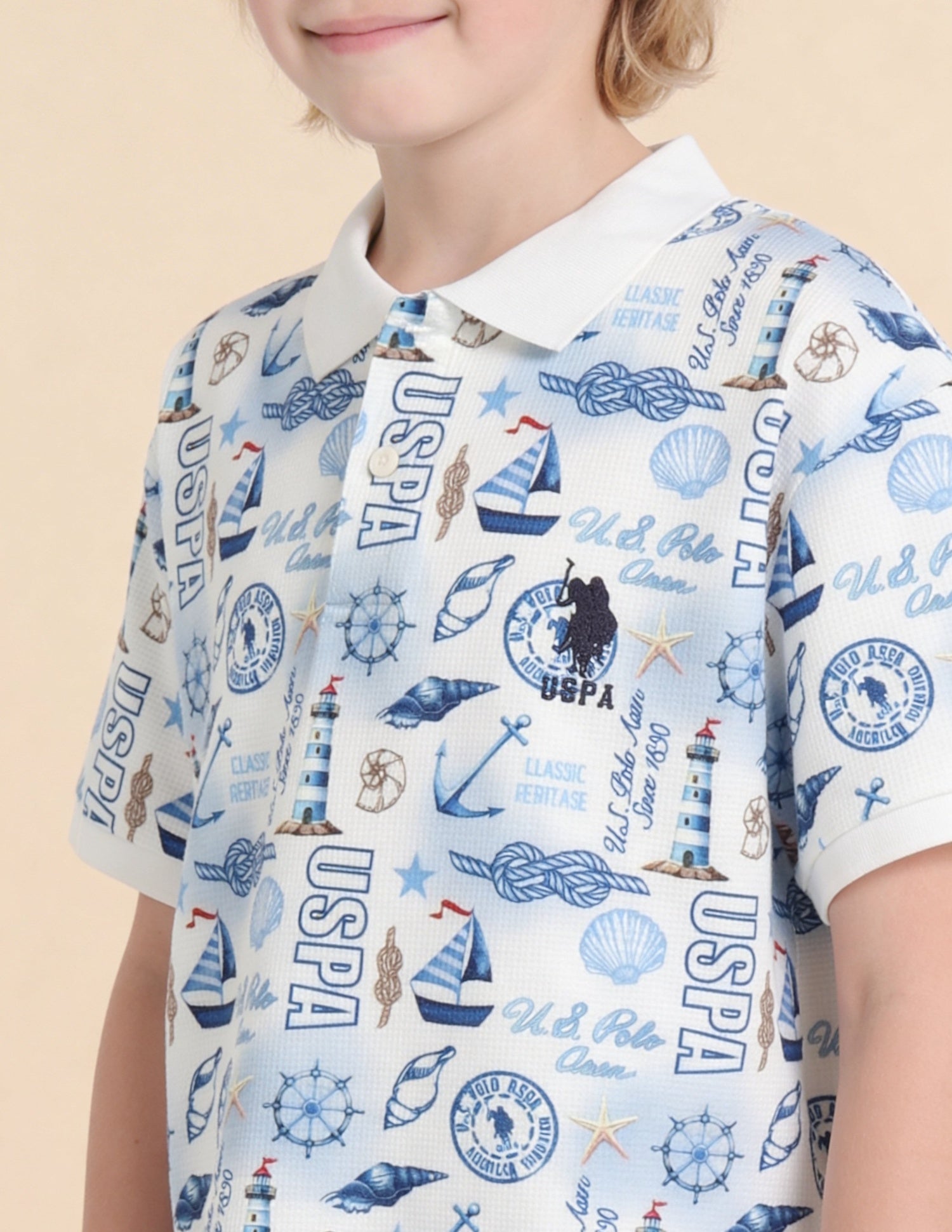 Graphic Brand Printed Regular Fit Polo Shirt Off White - U.S. Polo Assn. India | Large