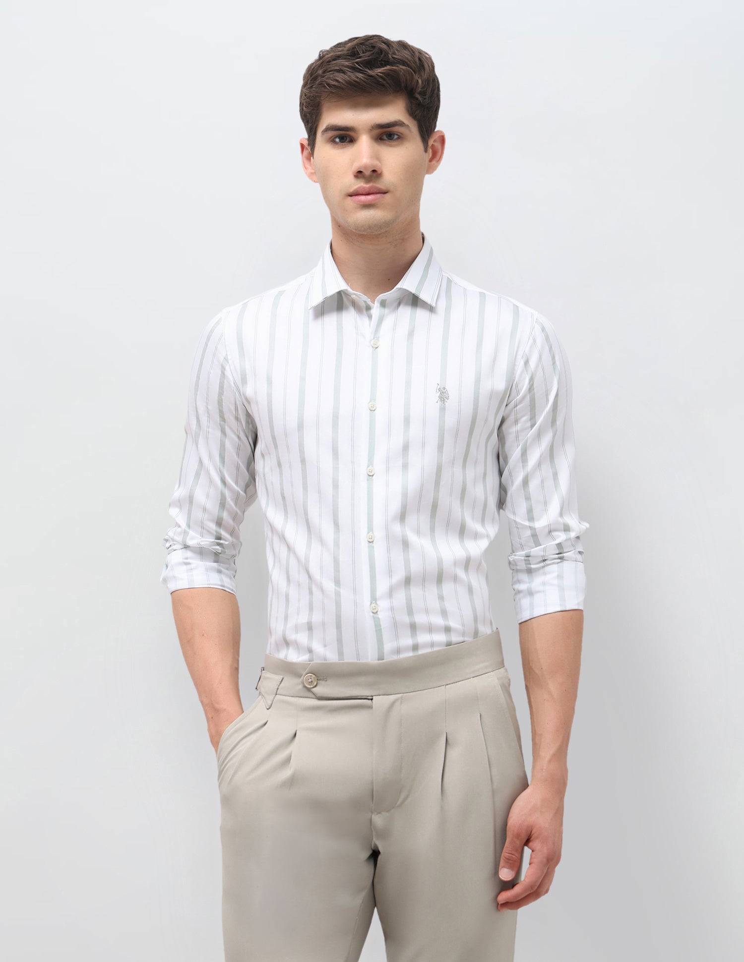 Vertical Striped Satin Shirt Light Green - U.S. Polo Assn. India | Large