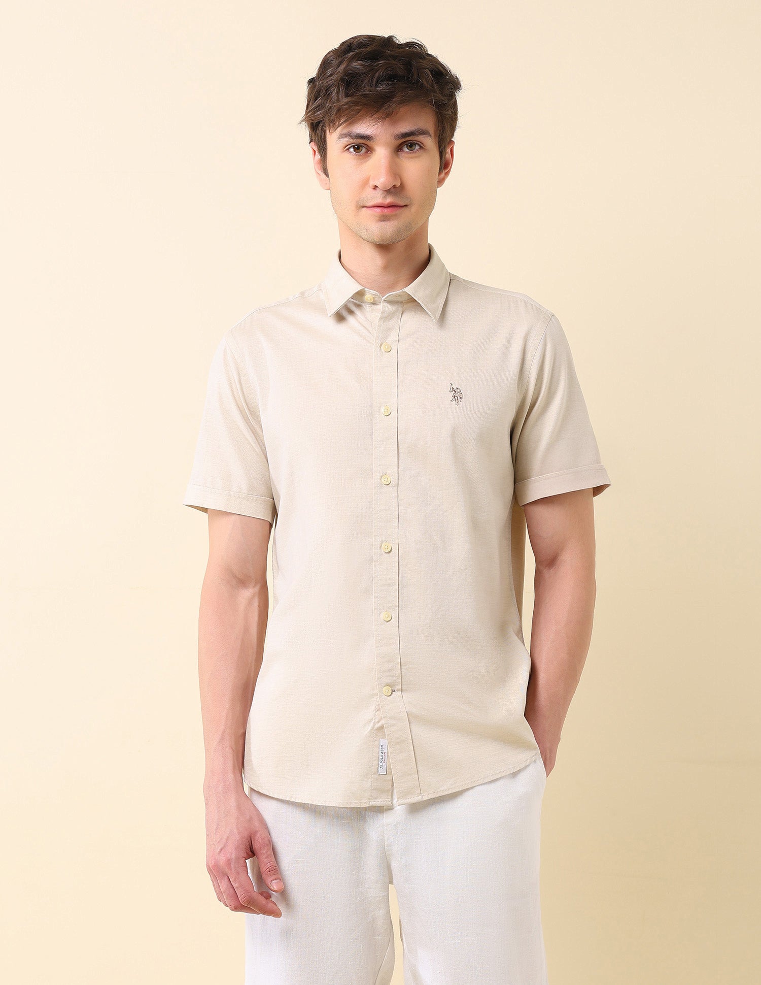 Solid Tailored Fit Pure Cotton Shirt Beige - U.S. Polo Assn. India | Large