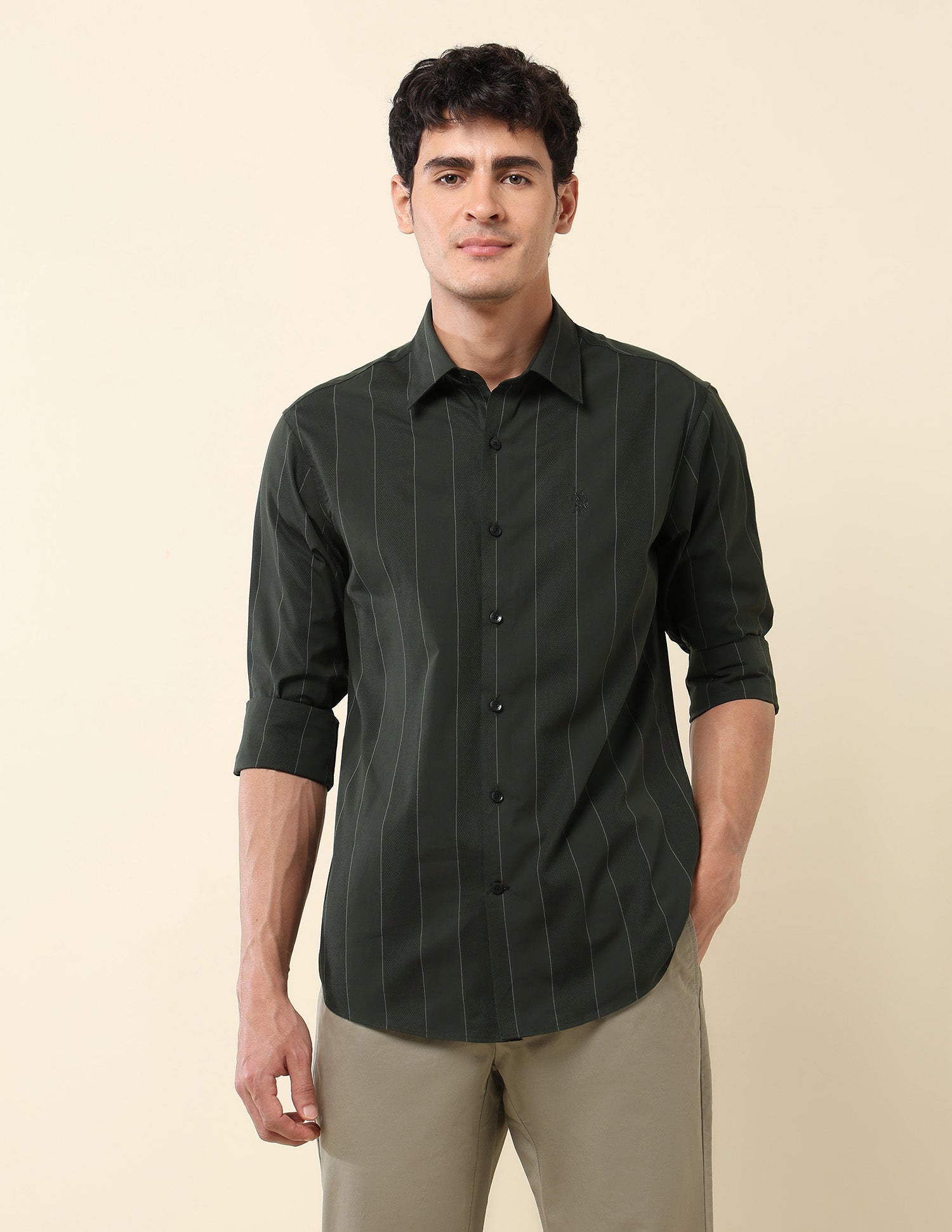 Vertical Striped Pure Cotton Shirt Olive - U.S. Polo Assn. India | Large