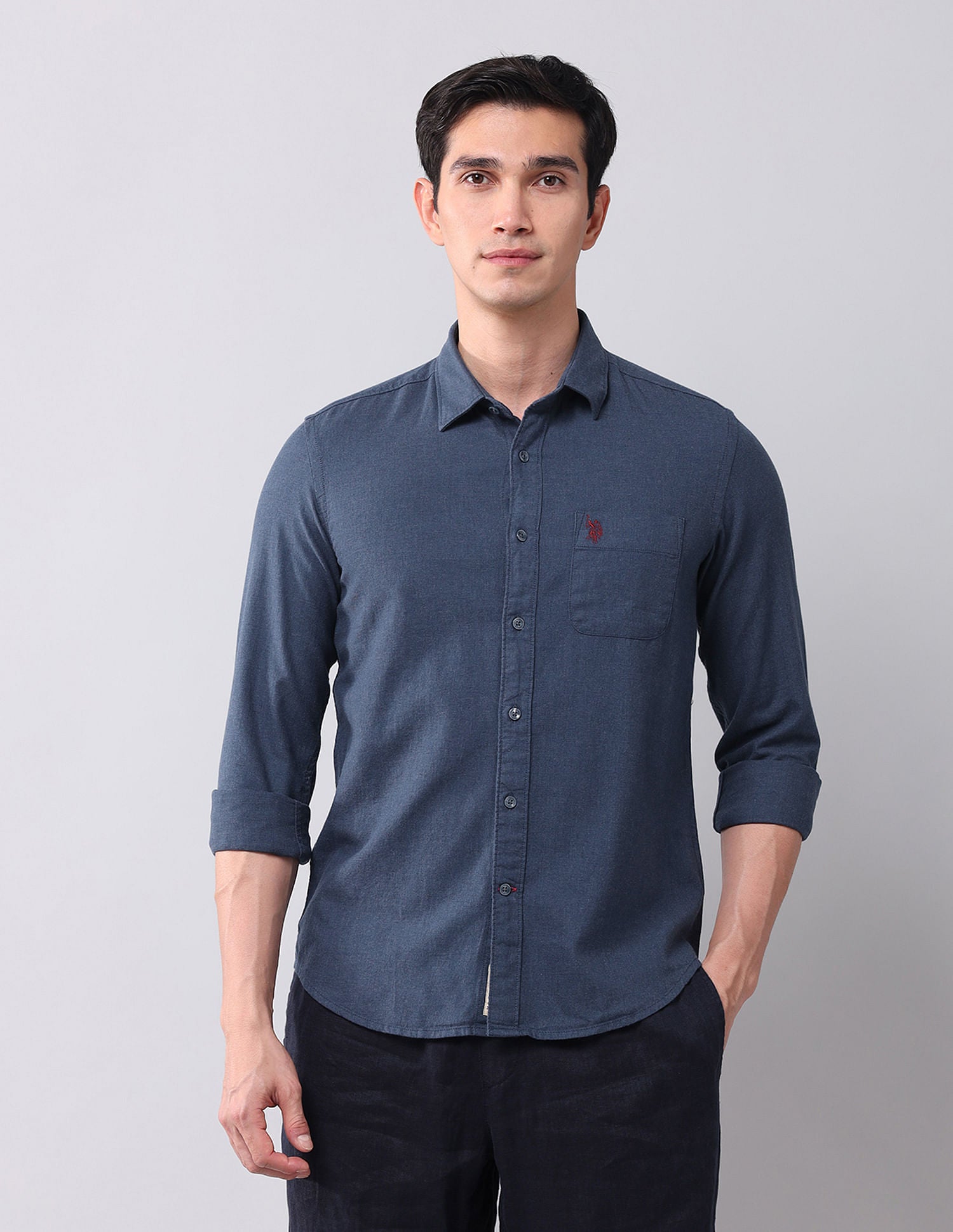 Regular Fit Chambray Solid Shirt Blue - U.S. Polo Assn. India | Large