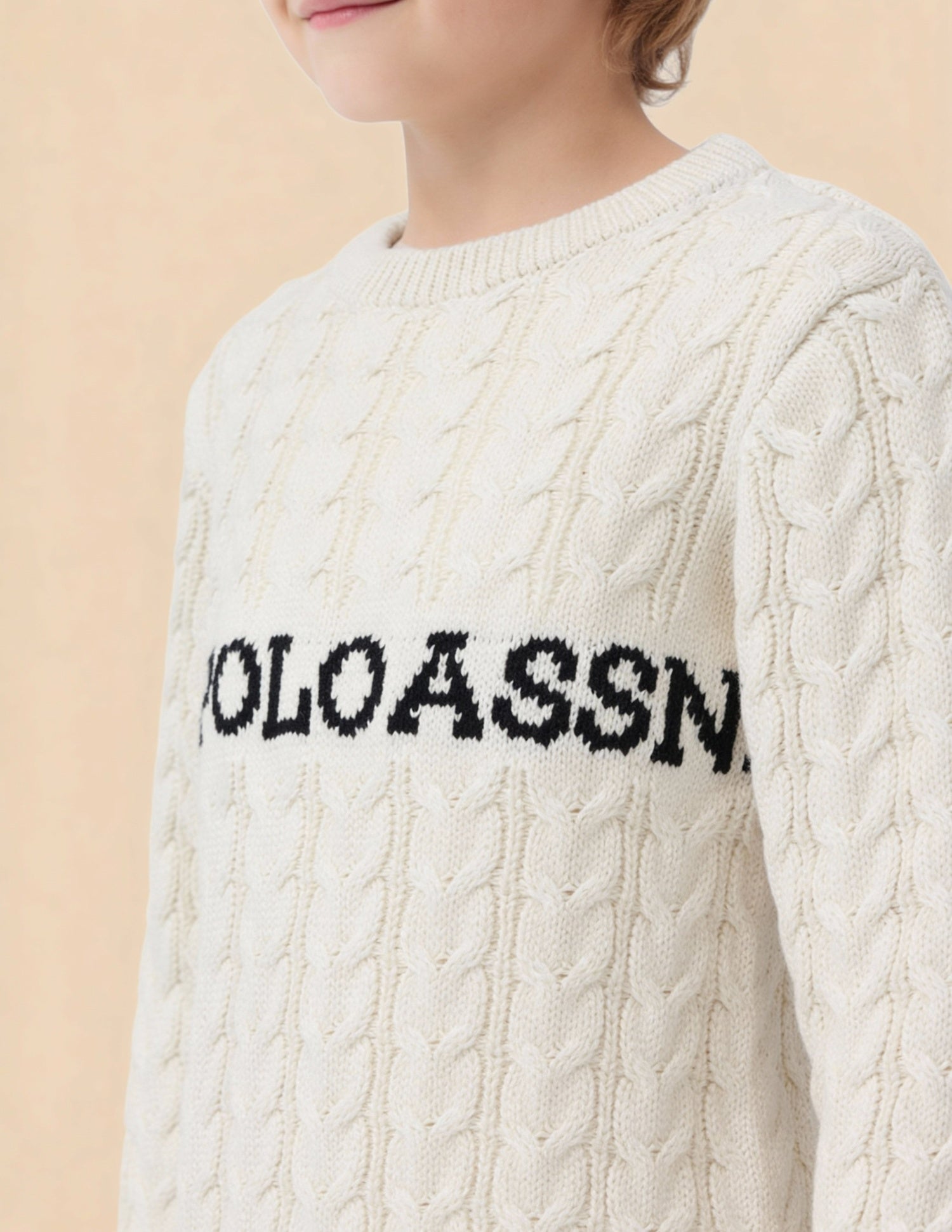 Boys Cable Knit Logo Regular Fit Sweater Off White - U.S. Polo Assn. India | Large