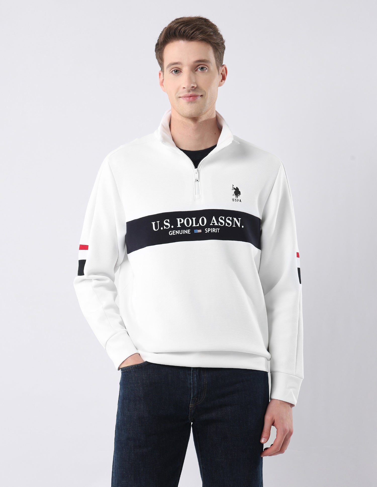 Brand Printed Zipper Sweatshirt White - U.S. POLO ASSN. | Large