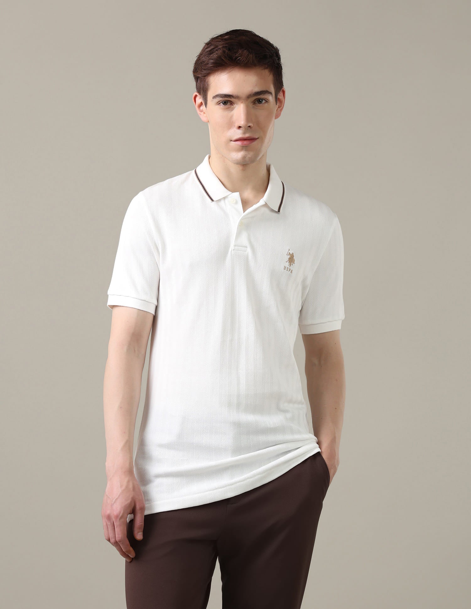 Textured Chevron Slim Fit Polo Shirt White - U.S. Polo Assn. India | Large